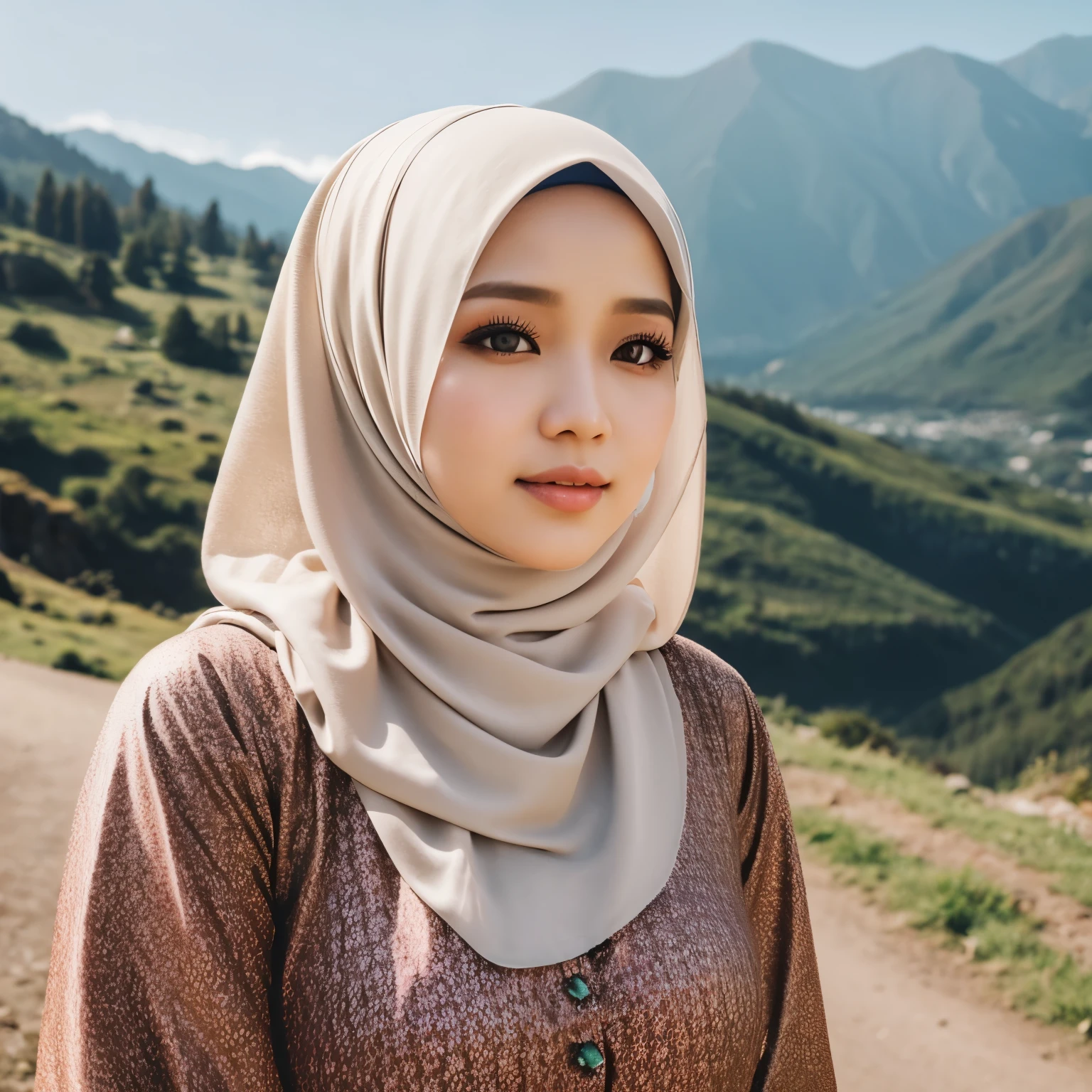 25 years old, Hijab Indonesian adult woman, long Muslim clothes, on the mountain, beautiful scenery around, Bright light, during the day, close up