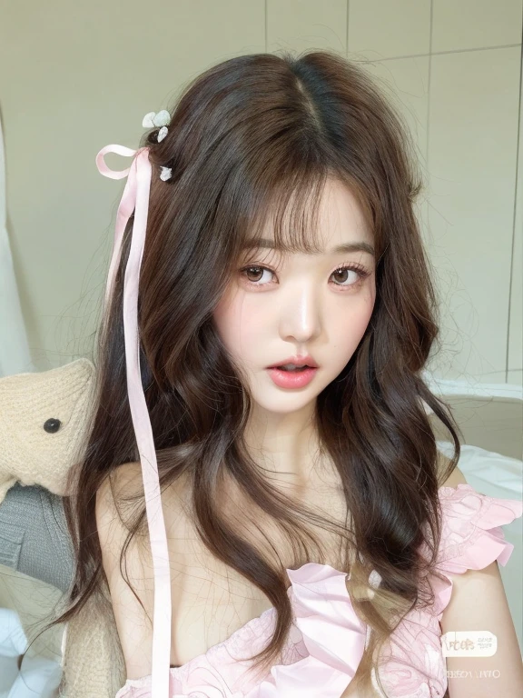 A mane woman with long brown hair and wearing a pink dress, ulzzang, Kawaii hairstyle, Cute Kauai girl, White hem haircut, Long brown hair with bangs, Brown hair with bangs, Kawaii hairstyle, Photo realistic kawaii, Nice face girl, Brown hair and big eyes, Brown hair and bangs, Fluffy bangs, Very beautiful cute cat