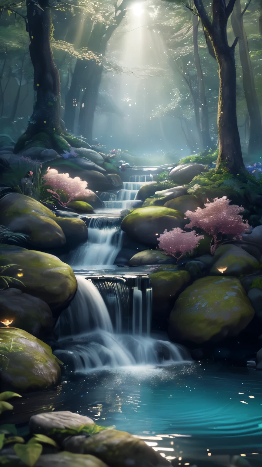 Masterpiece, best quality, (very detailed CG unified 8k wallpaper), (best quality), (best illustration), (best shadow), glowing elf with a glowing deer, drinking water in the pool, natural elements in forest theme. Mysterious forest, beautiful forest, nature, surrounded by flowers, delicate leaves and branches surrounded by fireflies (natural elements), (jungle theme), (leaves), (branches), (fireflies), (particle effects) and other 3D, Octane rendering, ray tracing, super detailed , deer --v6