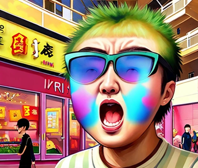 Butters Stotch run out Chinese Mall on Big Explosion, short hair, spiked hair, mullet, sunglasses, naughty face, no nose, angry, open mouth, nosebleed, Surrealism, Action painting, Artist by Kim Sujeong