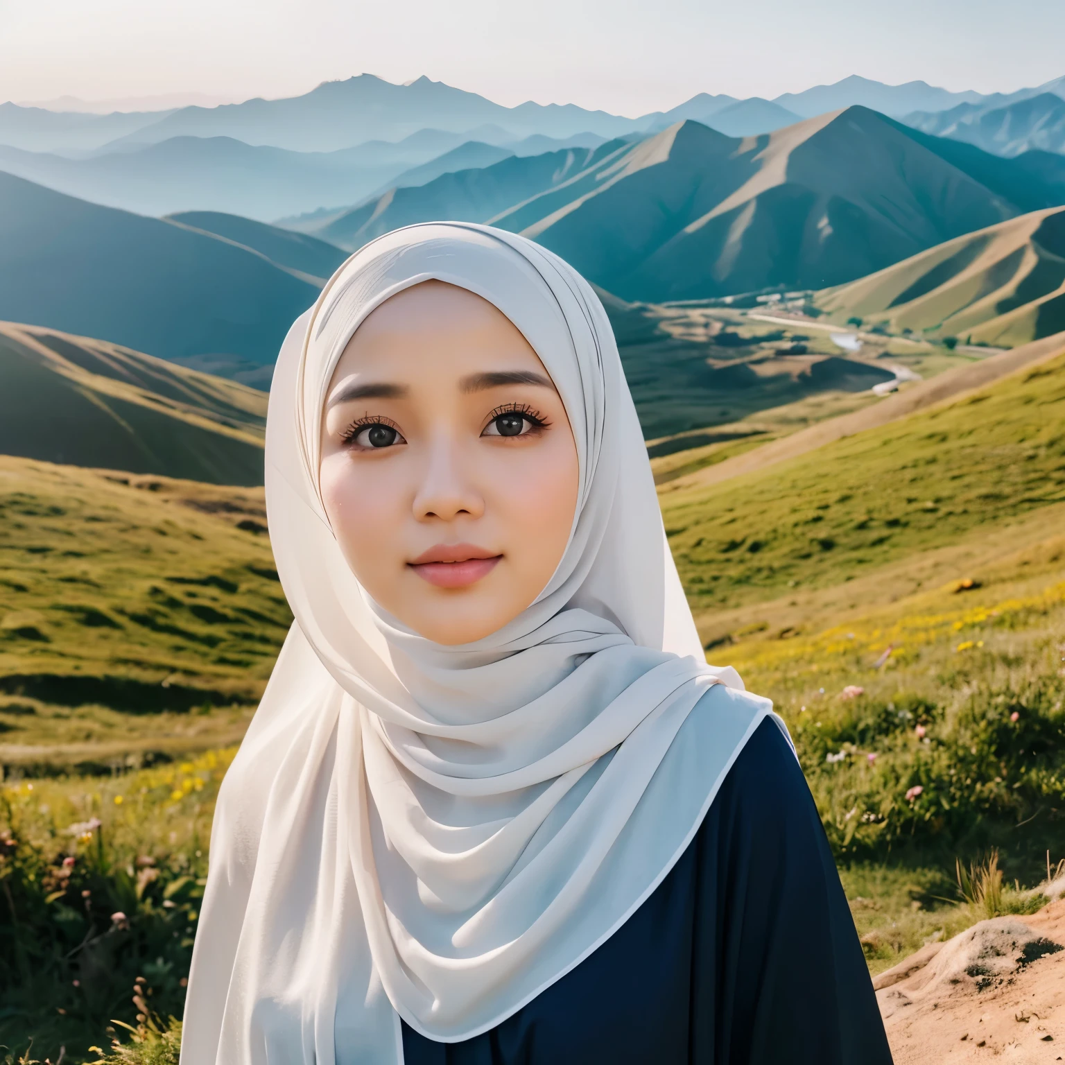 1 Girl, Beautiful, Asian , 20 Years Old, White Skin, Hijab Muslim Outfit, Top of The Mountain Background, ((wind:1.3)), Kissing, ((bokeh:1.3)), Perfect Body Anatomy, ((adorable:1.1)), ((masterpiece:1.1)), ((bluesky:1.1))