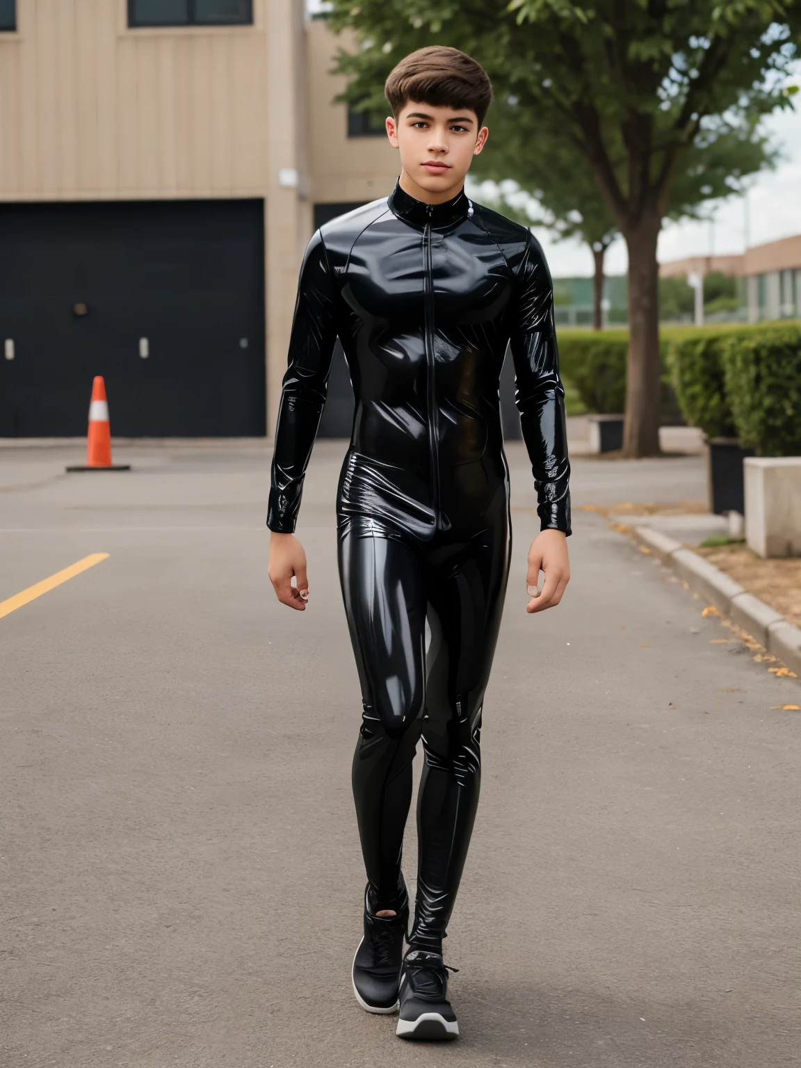 A high school boy wearing transparent tight latex catsuit