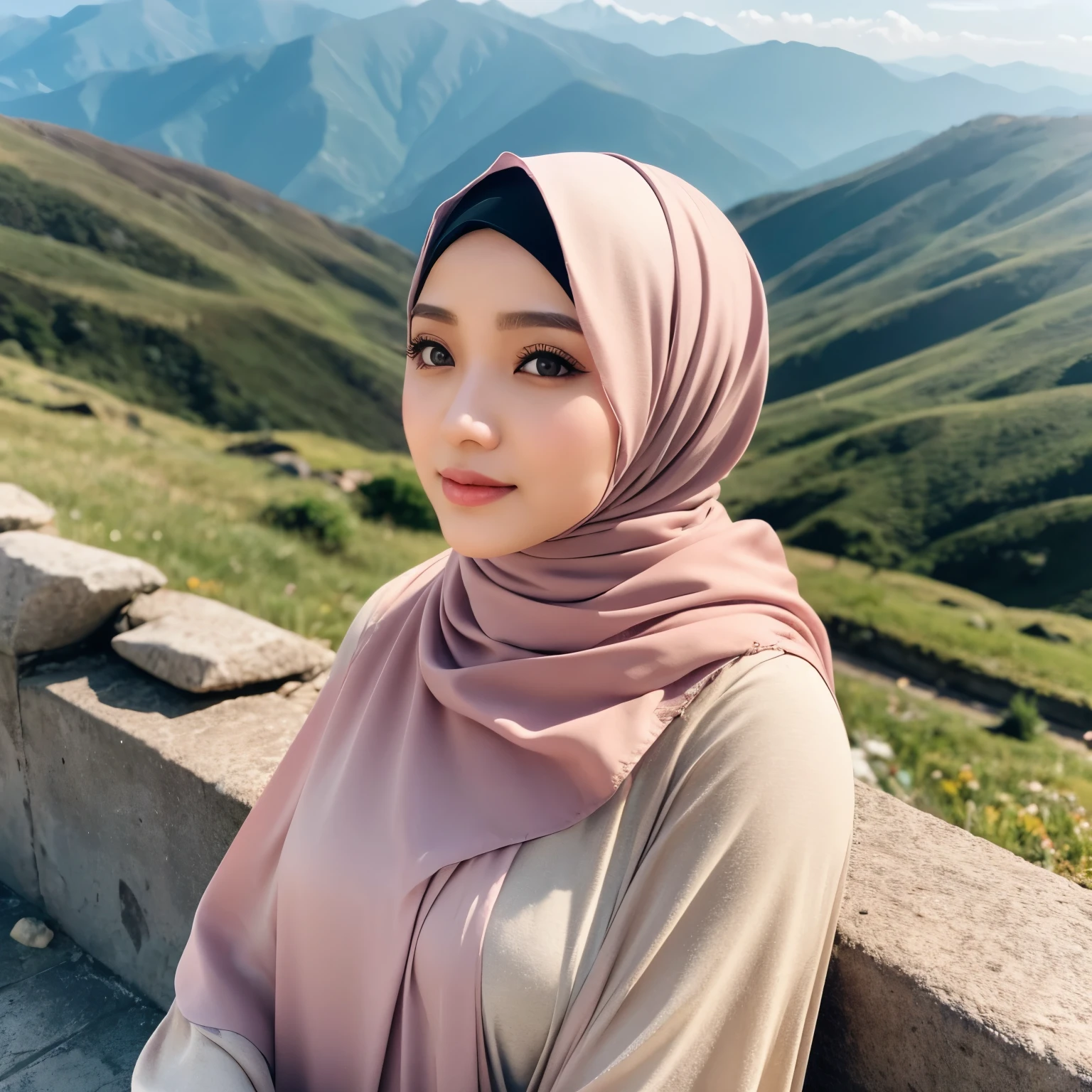 25 years old, Hijab Indonesian adult woman, long Muslim clothes, on the mountain, beautiful scenery around, Bright light, during the day, close up