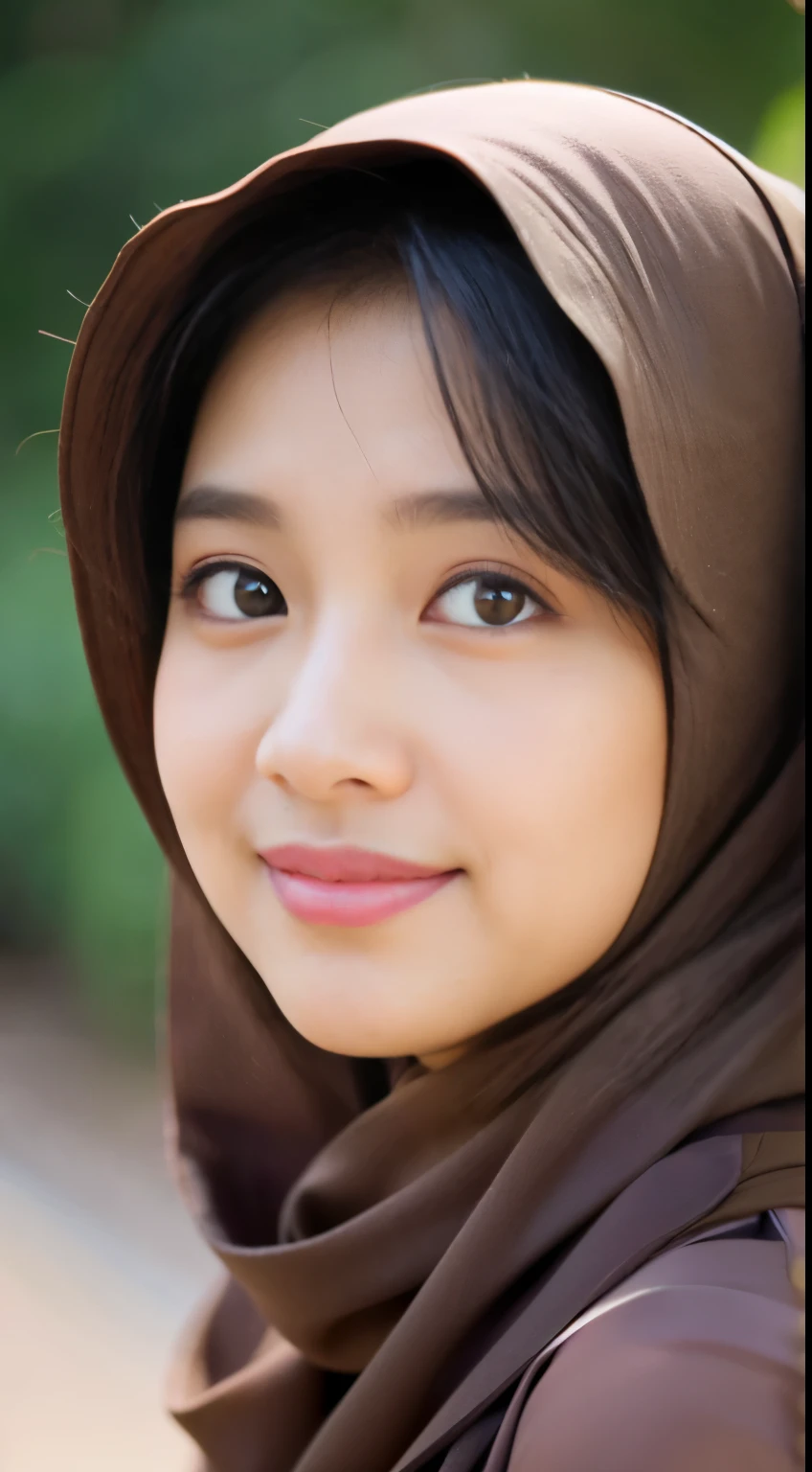 1 malay girl , modern plain hijab, shy, medium portrait shot , watery eyes ,lip watery, lip glossy, open mounth, big breast, 1 Malay girl, modern plain hijab, shy, medium portrait, watery eyes, RAW, Best quality, high resolution, masterpiece: 1.3), beautiful Malay woman in hijap:0.8),perfect nose,perfect lips, perfect eyes, detail :1.2), beautifull face, soft smile,Beautiful woman wearing a hijap, a woman in a brown dress and a brown scarf, hijab, moles under the eyes, Beutifull girl, lovely smile, lovely woman, with lovely look, with a beautifull smile, cute beautiful,((close up))