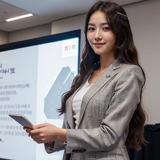 Beautiful Korean girl, long hair, curly hair, wearing a suit, standing to present at an event, clear and realistic picture, good figure, double eyelids, cute, 155 cm tall.. Beautiful, white smile