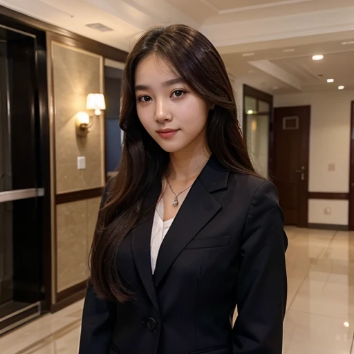 Beautiful Korean girl, long hair, curly hair, wearing a suit, standing to present at an event, clear and realistic picture, good figure, double eyelids, cute, 155 cm tall.. Beautiful, white smile 