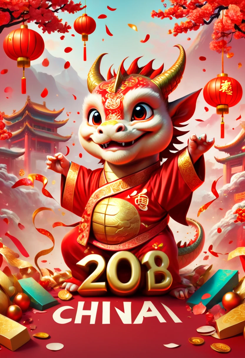 text "China", poster design, Chinese New Year "2024", dragon cub mascot, red clothes, Chinese bowing, welcome, pile of golds, red envelopes confetti, strong festive atmosphere, Chinese elements background, panoramic view, Ultra high saturation, (best quality, masterpiece, Representative work, official art, Professional, 8k)