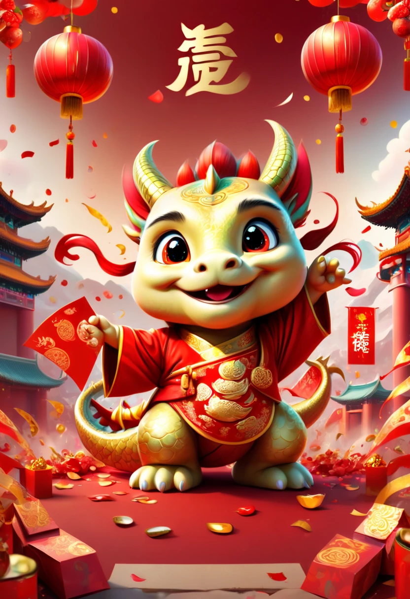 text "China", Chinese New Year "2024", dragon cub mascot, red clothes, Chinese bowing, spit out many golds, red envelopes, fireworks, confetti, strong festive atmosphere, Chinese elements, panoramic view, Ultra high saturation, (best quality, masterpiece, Representative work, official art, Professional, 8k)