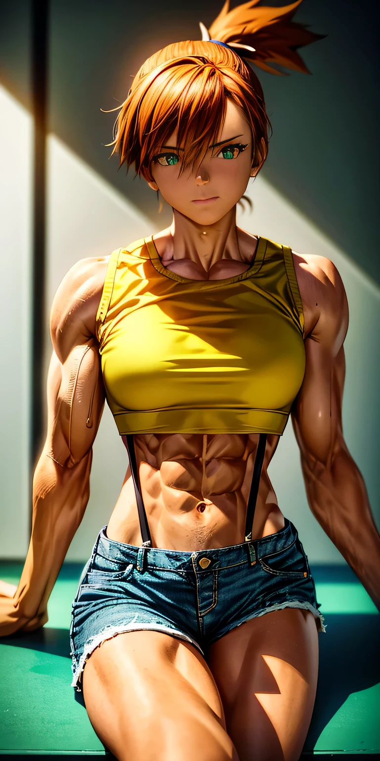 misty, 1girl, breasts, looking_at_viewer, short_hair, closed_mouth, bangs, navel, hair_between_eyes, bare_shoulders, sitting, green_eyes, full_body, lying, sleeveless, midriff, orange_hair, side_ponytail, crop_top, looking_to_the_side, eyelashes, bare_legs, sleeveless_shirt, leaning_forward, arm_support, suspenders, tank_top, denim_shorts, yellow_shirt, hair_tie, green_shorts, suspender_shorts, yellow_tank_top
INFO
(best quality,4k,8k,highres,masterpiece:1.2),ultra-detailed,(realistic,photorealistic,photo-realistic:1.37),bulky,muscular,fit,toned,ripped,wearing sportswear,resolute expression,intense focus,sweating,lifting heavy weights,strain,veins popping,well-defined muscles,bodybuilding competition,spacious gym,professional lighting,elevated platform,glistening with oil,vivid colors,highlighting the strong physique,strong shadows,contrasting tones,dramatic composition,impressive muscular definition,exaggerated muscle proportions,uniquely artistic portrayal,abstract background,showcasing strength and power.