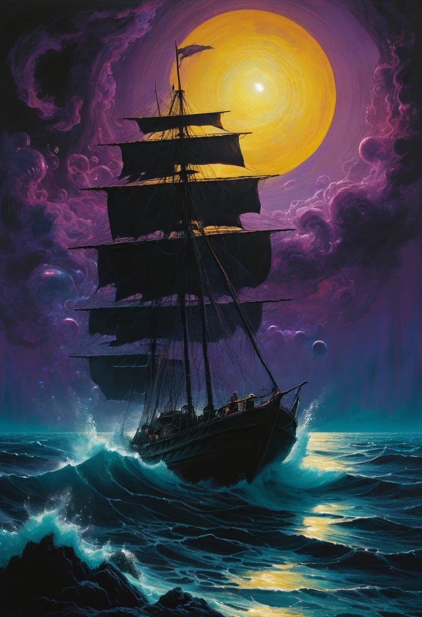 segelboot sturm wolken ocean hohe wellen blau mond, the darkest and longest night of the year. Full length view. Zdzislaw Beksinski style, purple colors, strongly illuminated by thousands of colored crystals, translucent bubbles, translucent bubbles, translucent bubbles, big turquoise eyes, perfect eyes,top quality style from Ralph Blakelock, Ed Emshwiller, Marianne Wroten, Arthur Rackham, Niko Anttila... Yellow and Red stand side by side.Beautiful cinematic impressionistic painting, Dark dramatic character, in the style of Jeremy Mann and Charles Dana Gibson, Mark Demsteader, Paul Hadley + concept art, Spring, Very beautiful,gouache wash, cinematic, calligraphic lines. Dark, creepy, mysterious, modern vintage, rich deep colors,Boho style, beautiful patterns, illustrations in a fashionable style. hyperrealistic photography, --niji 5 --ar 2:3 --expressive style --v 5.