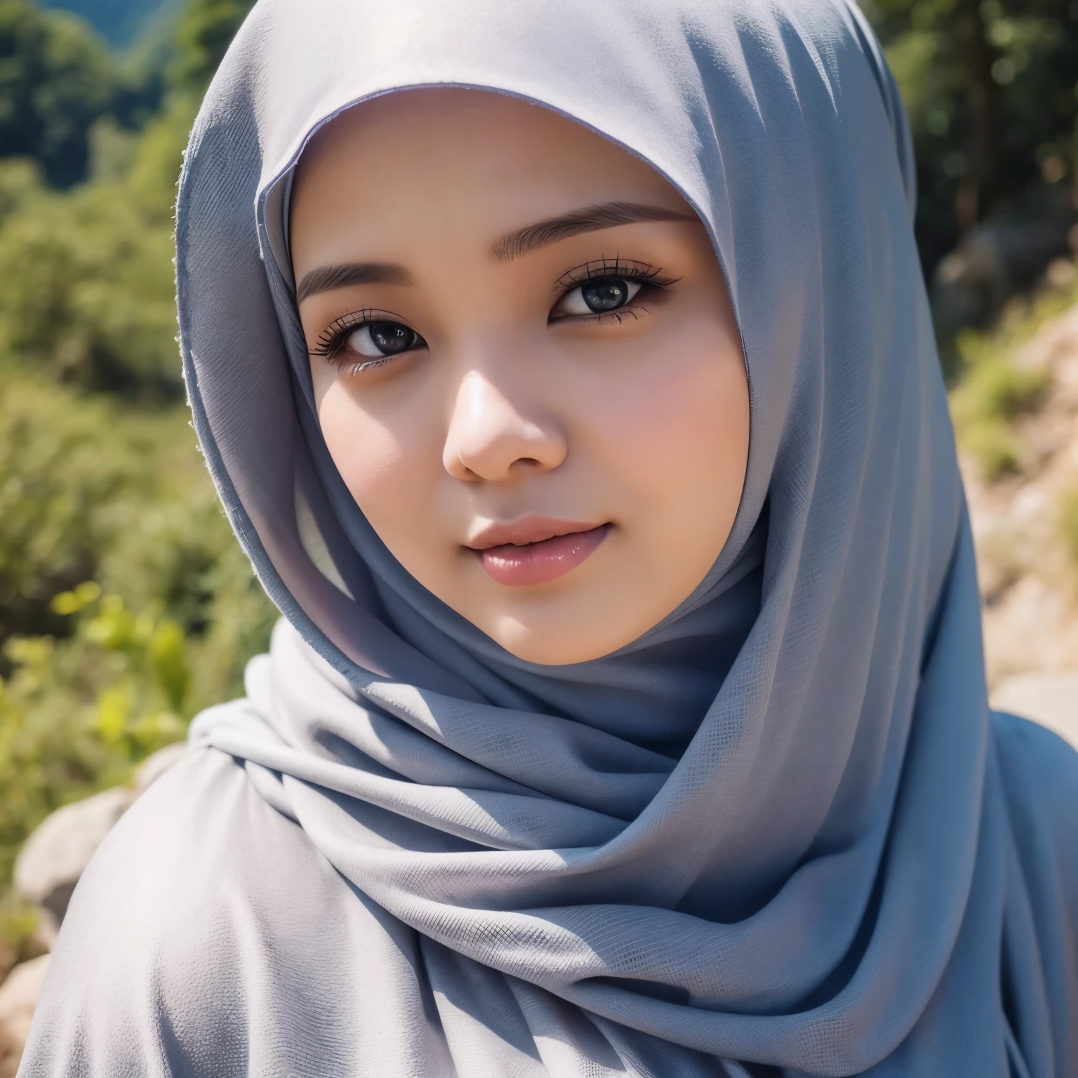 25 years old, Hijab Indonesian adult woman, long Muslim clothes, on the mountain, beautiful scenery around, Bright light, during the day, close up