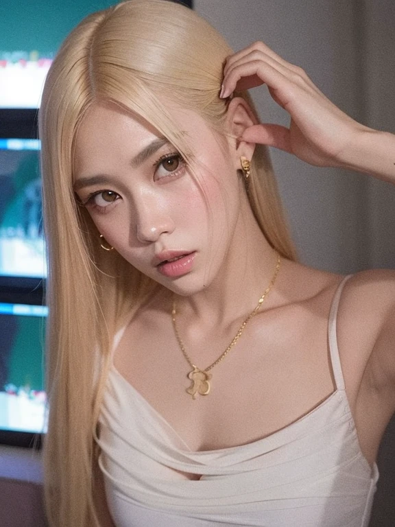 Mujer rubia con el pelo largo y un collar en el cuello, parque roseanne de blackpink, wearing a pastel pink dress sitting in an elegant white armchair, con las mismas poses que la imagen