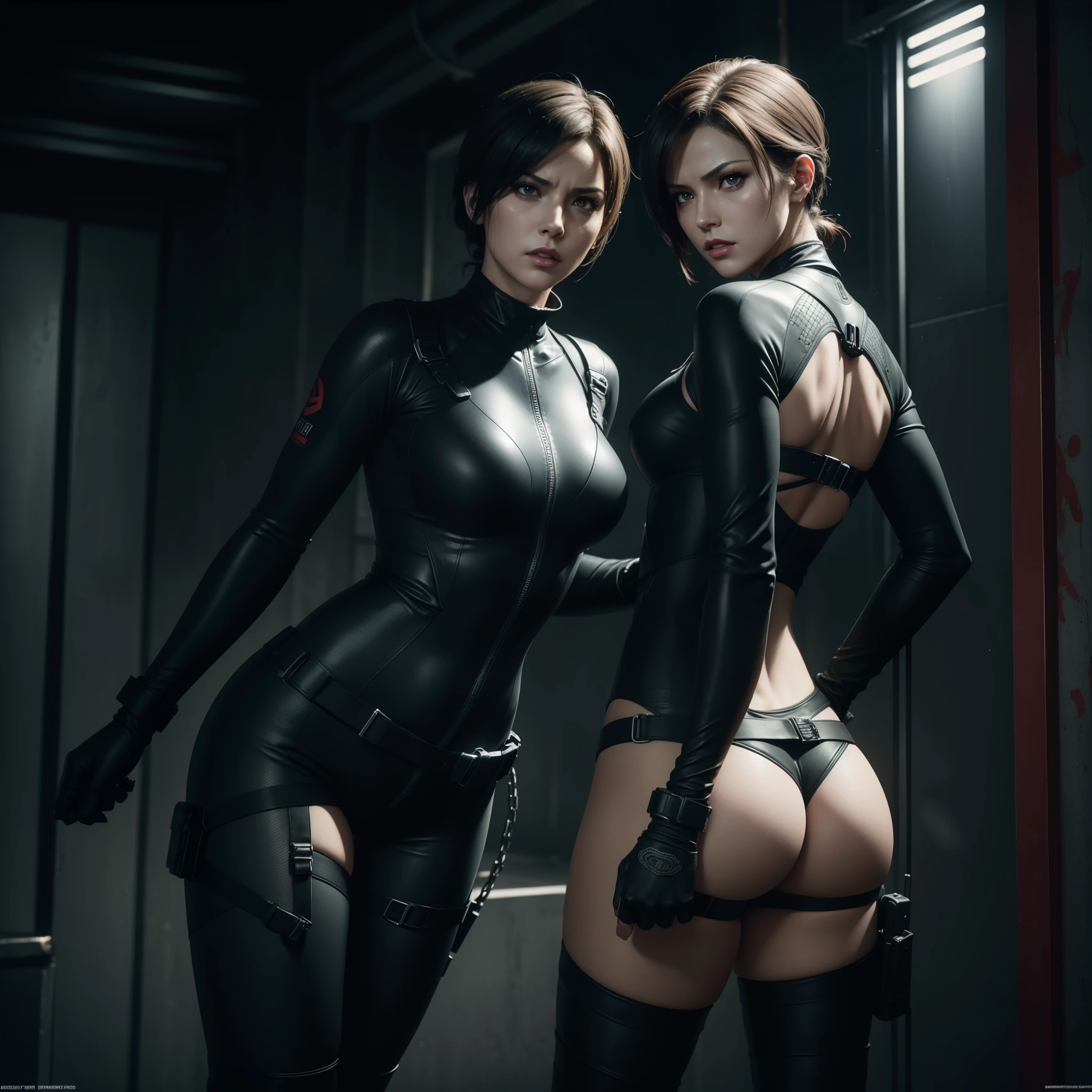 sexy Ada Wong and Jill Valentine from Resident Evil, surrounded by zombies, looking into the camera with fear on her face, looking at the viewer with surprise and anger, angry face expression, full body shot, shot from head to toes, shot from behind, she is wearing sexy tight battle wetsuit with corsait, high overknee boots and high heels, pistol tight holster, wearing a vivid lipstick and makeup, her hands are crossed behind her backs, hands covered with chains, bondage, shibari, hands handcuffed, hands tied up, ((detailed skin texture)), ((high detail face)), seductive pose, full body shot, (realistic photo), (best quality), (detailed), HDR, (8k), (wallpaper), (cinematic lighting), (dramatic lighting), (sharp focus), (intricate), RAW photo, posing for camera, 8k uhd, high quality, film grain, by Craig Morey, from behind