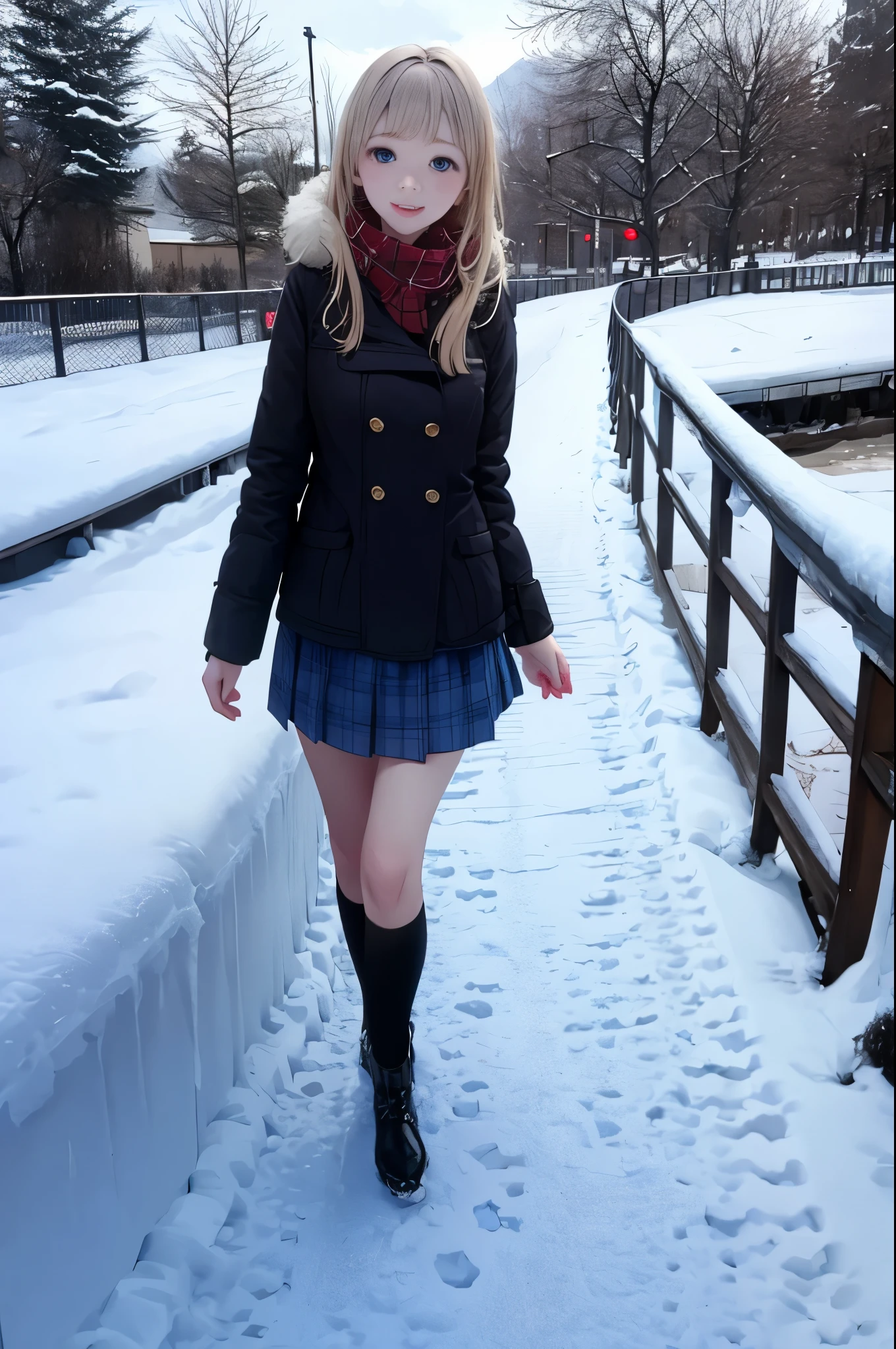 1 girl、long hair、blonde hair、blue eyes、winter、snow、winter、1 girl、stroll、紙吹snow、skirt up