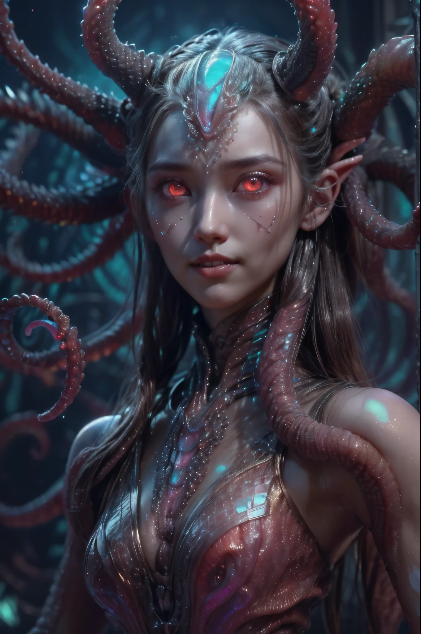 (1 beautiful and obscene female alien:1.4), (There is a female genital-like organ in the middle of her forehead:1.95), She has medusa-like hair, (there are lots of translucent tentacles from her head like her hair:1.5), (vulgarity1.7), (she is looking down at viewers with glowing red eyes with no pupils:1.6), (She has translucent pale skin:1.4),(She has the most beautiful face in the history of the universe:1.2), (She has multiple bioluminescent organs on the side of her tentacles:1.4), (Her body is covered with an iridescent exoskeleton:1.4), (She is showing her arm pits:1.6), an evil gaze that seduces, (looking down at viewers:1.4),(Vampire-like long canine teeth can be glimpsed through the gap between the cute lips:1.4) (bio luminescent:1.4), (Smile wickedly:1.3), (sexypose:1.4), alien, No humans, cells are fused, extraterrestrial, cell, bio image, ultra high resolution, (photos realistic:1.7), (Numerous award-winning masterpieces, with incredible detail, textures and maximum detail), Dramatic Lighting, cinematic quality, (exquisite details:1.2), High freshness, drawing faithfully, (Thick eyebrows:1.2), Beautiful eyes with fine symmetry,(Highly detailed face and eyes:1.2),(Super detailed skin quality feeling:1.4), perfect anatomy, (Beautiful toned body:1.5), (Moist skin:1.2), not wearing makeup, (dark circles:1.1), long canines, cinematic drawing of characters, cinematic quality, (exquisite details:1.2), high resolution, High freshness, drawing faithfully, official art, Unity 8K Wall paper, ultra detailed artistic photography, midnight aura, unreal engine 5, Ultra Sharp Focus, art by Amano Yoshitaka, ArtGerm, ultra realistic realism, dream-like, Creation of fantasy, dream Snail, (biopunk nautilus:1.3),Thrilling color schemes, seductively smiling, Amazing mutation, well-proportioned body, goddess of the deep sea, fractal, Geometric pattern, impossible figures, subtle emerald green accents, (expression of ecstasy:1.5)