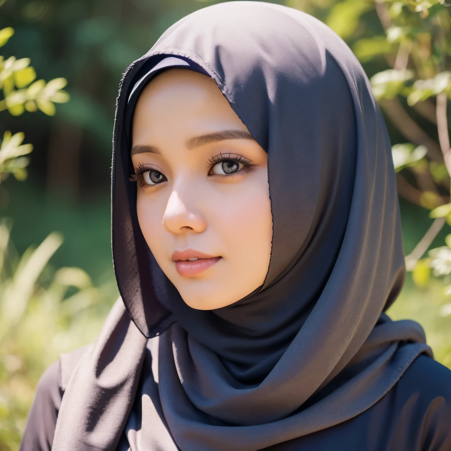25 years old, Hijab Indonesian adult woman, long Muslim clothes, on the mountain, beautiful scenery around, Bright light, during the day, close up