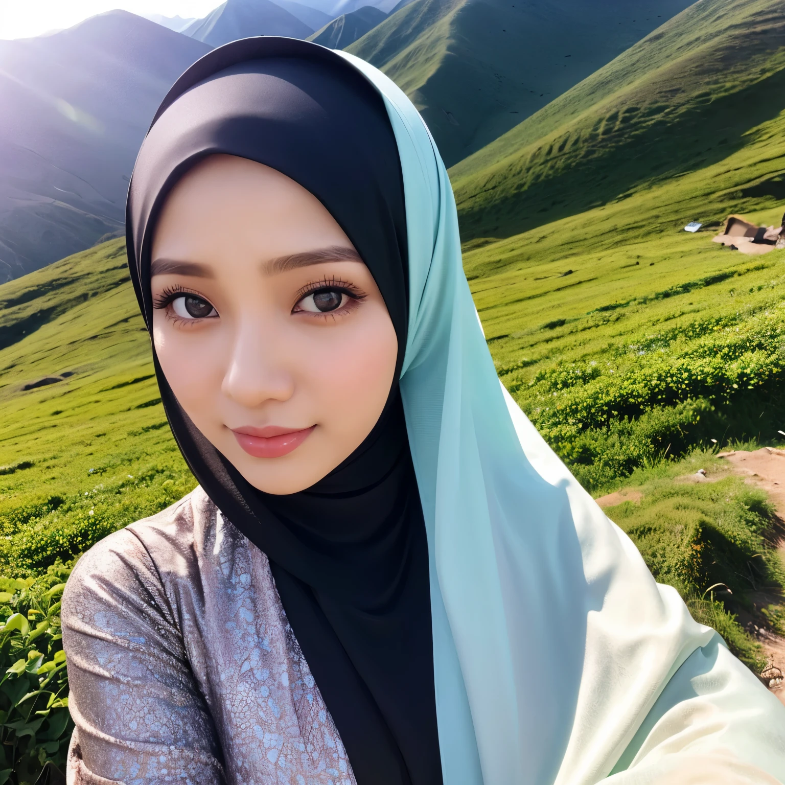 25 years old, Hijab Indonesian adult woman, long Muslim clothes, on the mountain, beautiful scenery around, Bright light, during the day, close up