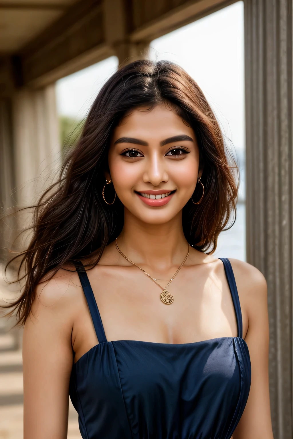 (highest quality,High resolution,masterpiece:1.3),tall and beautiful Indian woman,thin abs,Dark brown hair and loose wavy styling,nadium chest,wearing a pendant,The soft and mature long dress is navy blue.,(Beautiful sea in the background),Beautifully rendered details with face and skin texture,fine eyes,double eyelid,(grin and laugh:1.3)
