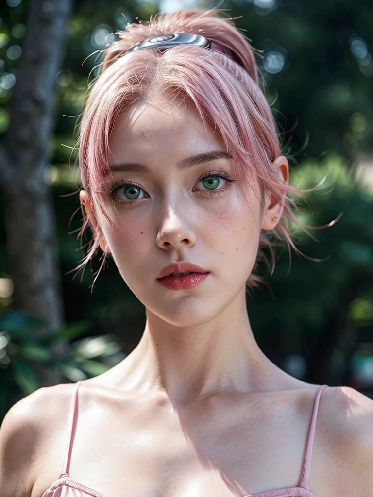 young woman, short pink hair, wide forehead, porcelain skin, pink eyebrows, big emerald green eyes, buttoned nose, thick lips, heart-shaped face, slender body, small breasts, red dress, Sakura Haruno, realistic, realism, details, 3d