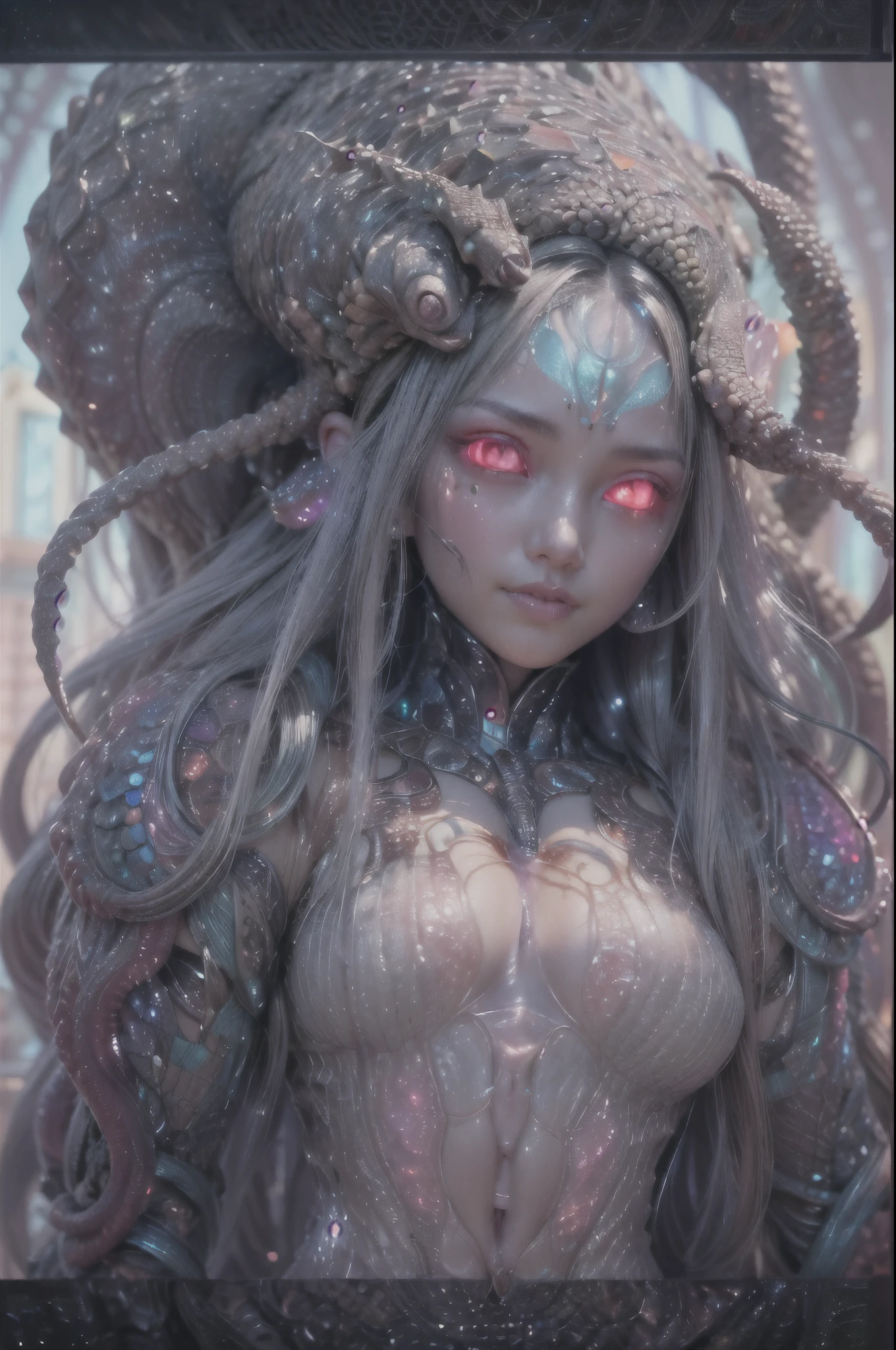 (1 beautiful and obscene female alien:1.4), (There is a female genital-like organ in the middle of her forehead:1.95), She has medusa-like hair, (there are lots of translucent tentacles from her head like her hair:1.5), (vulgarity1.7), (she is looking at viewers with glowing red eyes with no pupils:1.6), (She has translucent pale skin:1.4),(She has the most beautiful face in the history of the universe:1.2), (She has multiple bioluminescent organs on the side of her tentacles:1.4), (Her body is covered with an iridescent exoskeleton:1.4), (She is showing her arm pits:1.6), an evil gaze that seduces, (looking down at viewers:1.4),(Vampire-like long canine teeth can be glimpsed through the gap between the cute lips:1.4) (bio luminescent:1.4), (Smile wickedly:1.3), (sexypose:1.4), alien, No humans, cells are fused, extraterrestrial, cell, bio image, ultra high resolution, (photos realistic:1.7), (Numerous award-winning masterpieces, with incredible detail, textures and maximum detail), Dramatic Lighting, cinematic quality, (exquisite details:1.2), High freshness, drawing faithfully, (Thick eyebrows:1.2), Beautiful eyes with fine symmetry,(Highly detailed face and eyes:1.2),(Super detailed skin quality feeling:1.4), perfect anatomy, (Beautiful toned body:1.5), (Moist skin:1.2), not wearing makeup, (dark circles:1.1), long canines, cinematic drawing of characters, cinematic quality, (exquisite details:1.2), high resolution, High freshness, drawing faithfully, official art, Unity 8K Wall paper, ultra detailed artistic photography, midnight aura, unreal engine 5, Ultra Sharp Focus, art by Amano Yoshitaka, ArtGerm, ultra realistic realism, dream-like, Creation of fantasy, dream Snail, (biopunk nautilus:1.3),Thrilling color schemes, seductively smiling, Amazing mutation, well-proportioned body, goddess of the deep sea, fractal, Geometric pattern, impossible figures, subtle emerald green accents, (expression of ecstasy:1.4)