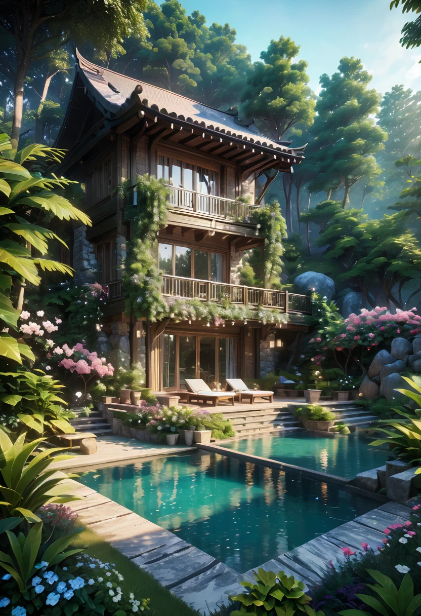 secluded residence，Makhno resort concept design.Resort/Resorts/resort.Closeup focus on high definition luxury resort.(best quality,4K,8k,high resolution,masterpiece:1.2),Super detailed,(actual,photoactual,photo-actual:1.37)It&#39;s a hidden and unique place，As if hidden in the embrace of nature。Located at the foot of the mountain、Deep in the forest or next to a lake，Isolated from the busy city and the hustle and bustle of the world。Surrounded by natural landscape，such as dense trees、Verdant meadows、Stretching mountains or sparkling lakes。People who live here can wake up in the morning to the sound of birdsong，Admire the twinkling stars at night。This place probably has a garden too，Planted with various flowers and plants，Exudes charming fragrance.Enjoy a life that is one with nature，Soak up the peace and tranquility.Reconnect with nature，Find inner peace and balance。It’s a very relaxing resort.