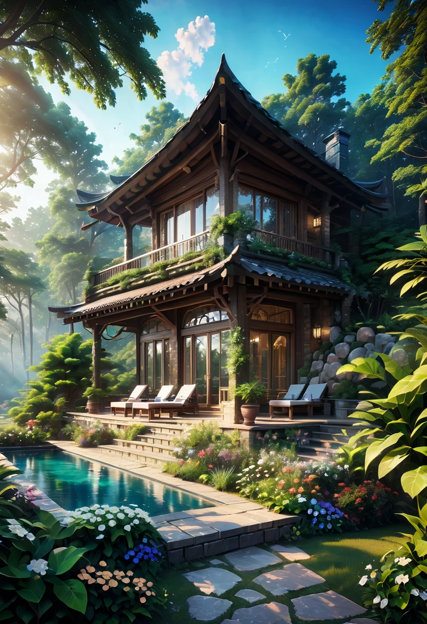 secluded residence,Makhno resort concept design.Resort/Resorts/resort.Closeup focus on high definition luxury resort.(best quality,4K,8k,high resolution,masterpiece:1.2),Super detailed,(actual,photoactual,photo-actual:1.37)It's a hidden and unique place,As if hidden in the embrace of nature。Located at the foot of the mountain、Deep in the forest or next to a lake,Isolated from the busy city and the hustle and bustle of the world。Surrounded by natural landscape,such as dense trees、Verdant meadows、Stretching mountains or sparkling lakes。People who live here can wake up in the morning to the sound of birdsong,Admire the twinkling stars at night。This place probably has a garden too,Planted with various flowers and plants,Exudes charming fragrance.Enjoy a life that is one with nature,Soak up the peace and tranquility.Reconnect with nature,Find inner peace and balance。It’s a very relaxing resort.
