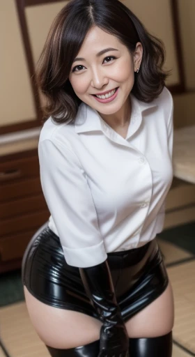 masterpiece,highest quality, (dear. clerk:1), (long range shot)), big pelvis，1.8 meters high， smile，latex pro wear，long legs，skin hyper detail，clean pores，with panoramic view，cocked ass，black lenth stockings，40 years old, Noble and elegant Japan woman,  perfect face, fantastic appearance,  (detailed facial features),  Looks clean and looks good，realistic, sharp focus,  wavy hair, wrinkles around the eyes,