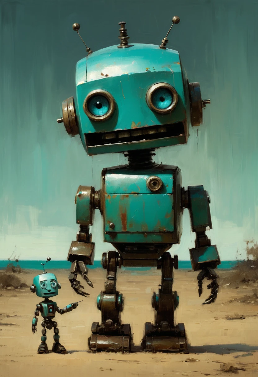 Full length view. A small funny robot with a porcelain face and head with a malicious smile points a finger at the boy, big turquoise eyes, perfect eyes, best quality. Beautiful cinematic impressionistic painting, Dark dramatic character, in the style of Jeremy Mann and Charles Dana Gibson, Mark Demsteader, Paul Hedley, Spartak Mukanov