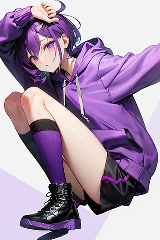 purple hair bobbed、Purple eye、Purple Hoodie、short shorts、black boots