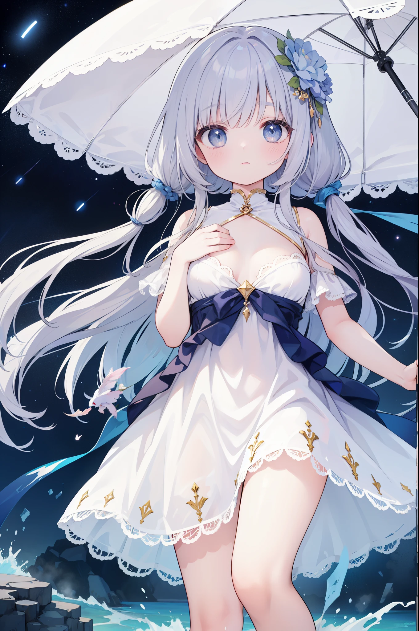 index, index, (green eyes:1.5), silver hair, long hair, (flat chest:1.2),cross pendant necklace,white hat,白色ロングskirt一体型ワンピース,barefoot,skirt,naked neck,bare clavicle,bare shoulders,bare arms,happy smile, smile, open your mouth,beachのsandy beachを散歩しながら、Silver hair fluttering in the breeze, sunset,evening,The sun is setting on the horizon,
break looking at viewer, Upper body, whole body,(cowboy shot:1. 5)
break outdoors, beach,sandy beach,
break (masterpiece:1.2), highest quality, High resolution, unity 8k wallpaper, (figure:0.8), (detailed and beautiful eyes:1.6), highly detailed face, perfect lighting, Very detailed CG, (perfect hands, perfect anatomy),