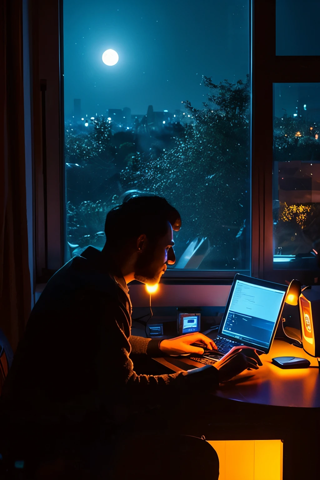 A man is using a computer at his desk、night、orange lights、suspicious、Full moon through the big window of the rooganic room、owls、like、