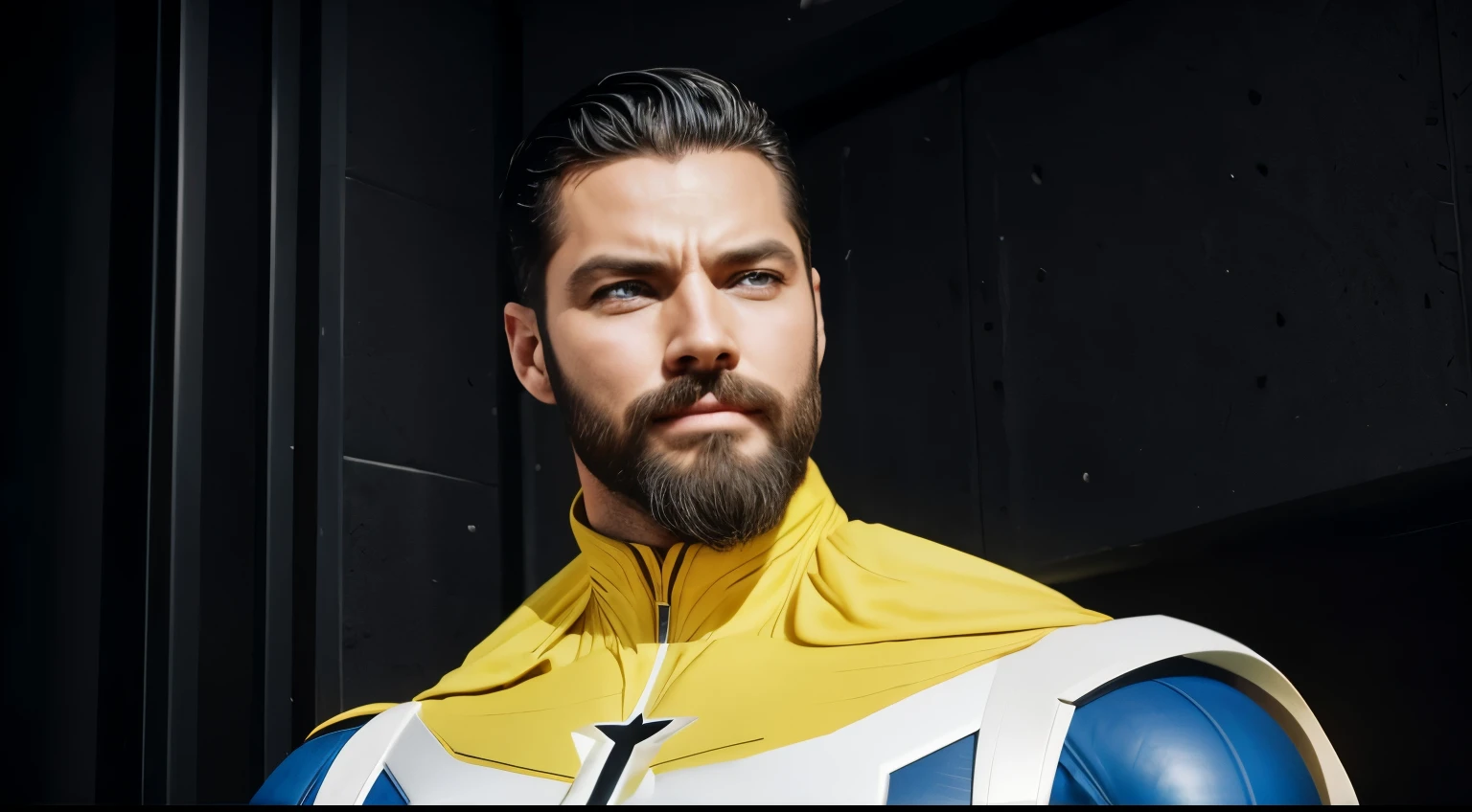 (obra de arte), (extremamente complexo:1.3), (realista), superhero, black hair, beard, blue eyes, superhero suit, from invincible series, smiling, fotografia profissiona, sharp focus, dramatic, premiado, cinematic lighting, Octane rendering, motor irreal, volumetric dtx, (Film grain)