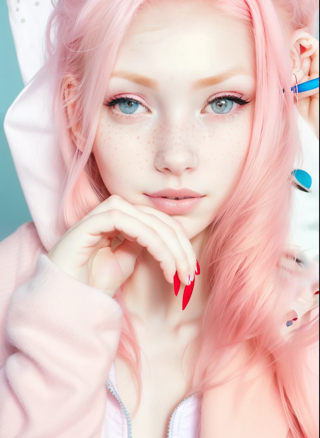 arafed woman with red nails pink hair and a blue jacket posing for a picture, hint of freckles, 18 years old, small freckles, with freckles, pale glowing skin, rosy cheeks with freckles, very very pale white skin, very very very pale white skin, cute freckles, very pale white skin, 1 6 , pale fair skin!!, red contacts