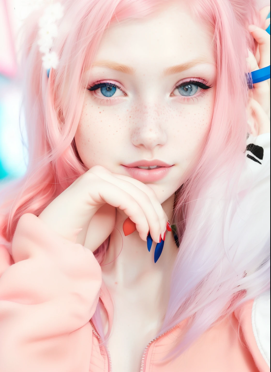 arafed woman with red nails pink hair and a blue jacket posing for a picture, hint of freckles, 18 years old, small freckles, with freckles, pale glowing skin, rosy cheeks with freckles, very very pale white skin, very very very pale white skin, cute freckles, very pale white skin, 1 , pale fair skin!!, red contacts