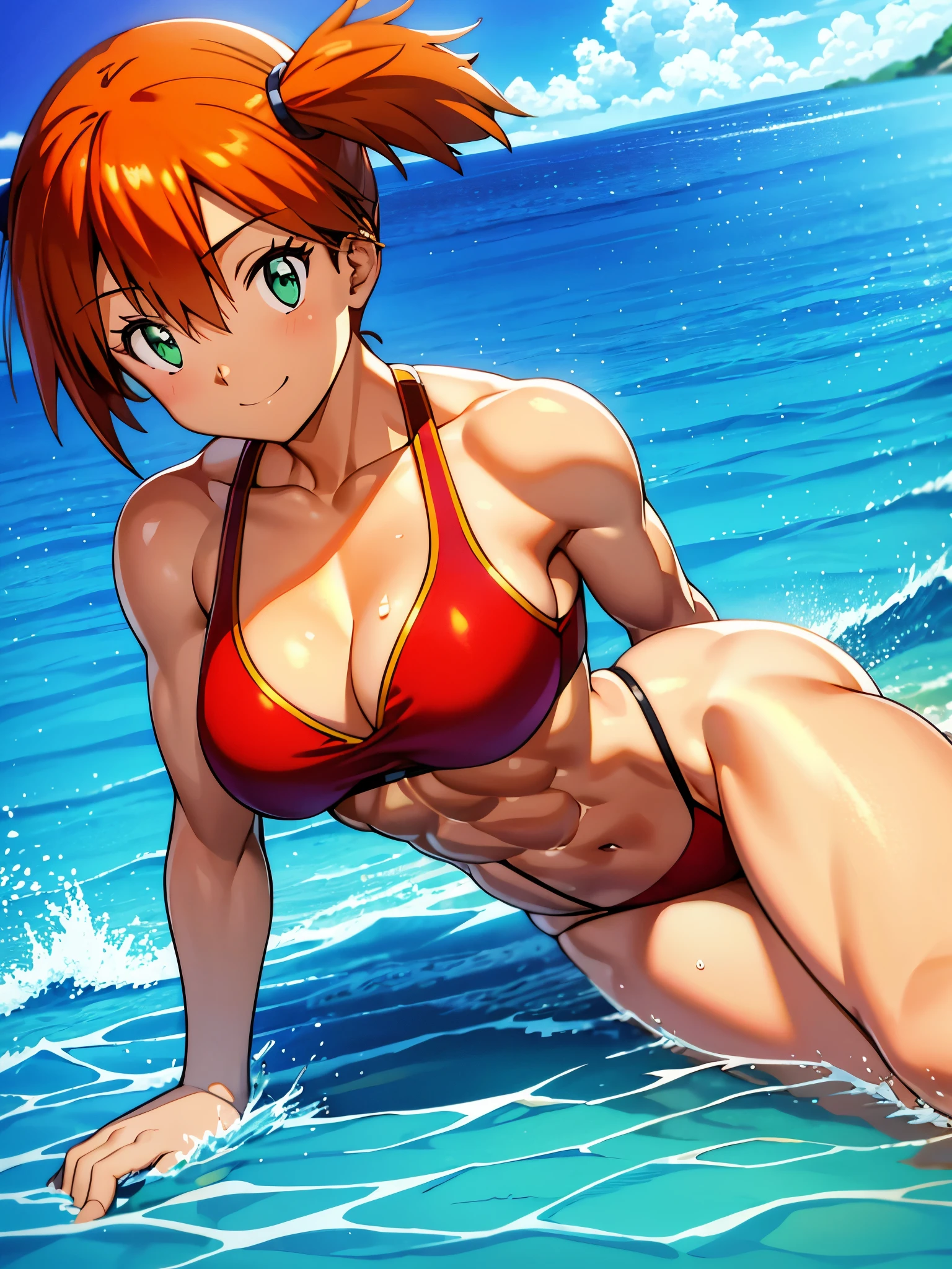 best quality,ultra-detailed,misty, 1girl, breasts, looking_at_viewer, short_hair, closed_mouth, bangs, navel, hair_between_eyes, bare_shoulders, sitting, green_eyes, full_body, sleeveless, midriff, orange_hair, side_ponytail, crop_top, looking_to_the_side, eyelashes, bare_legs, leaning_forward, arm_support, suspenders, hair_tie, red_bikini,(muscular girl in beach),detailed muscular figure,fit and toned body,confident pose,strong and defined muscles,shiny oiled skin,beaming with vitality,glistening under the sun,broad shoulders,narrow waist,bold and athletic,engaging smile,energetic and powerful posture,sand in between her toes,sea breeze gently caressing her hair,crashing waves in the background,sparkling blue ocean,clear sky with fluffy white clouds,basking in the warm sunlight,seamless integration with the natural surroundings,(best quality,4k,8k,highres,masterpiece:1.2),ultra-detailed,physically-based rendering,professional,portrait,beach,summer,contrast of vibrant colors between the girl and the environment,warm and vibrant color palette,natural light source illuminating the scene,perfectly capturing the strength and beauty of the girl's physique.