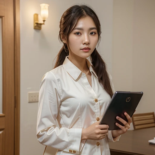 Long-distance, full-body shot of a woman wearing a suit and ponytail., realistic. cheng yi, beautiful korean woman, Beautiful portraits, Spectacular facial images, Amazing anime face pictures, Korean girl, high quality vertical, Delicate, beautiful face, ใบหน้าที่สวยงามrealistic, หญิงKorean girlที่สวยงาม, hyperrealistic beautiful face, cute delicate face, Picture of a cute person with a clear face holding an iPad.