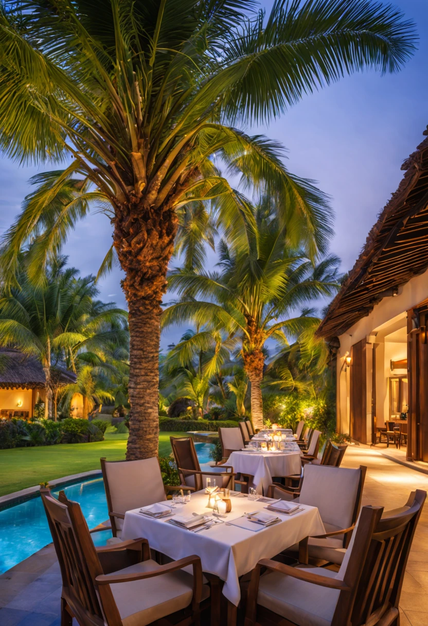 There are long leisure chairs under the palm trees and a small table for fruit juice.(close up) World-Class Outdoor Scenarios Resort Vista Is an Actual Masterpiece of Stunning Beaches, Master top quality, Best Quality Ultra HD Anatomically Correct