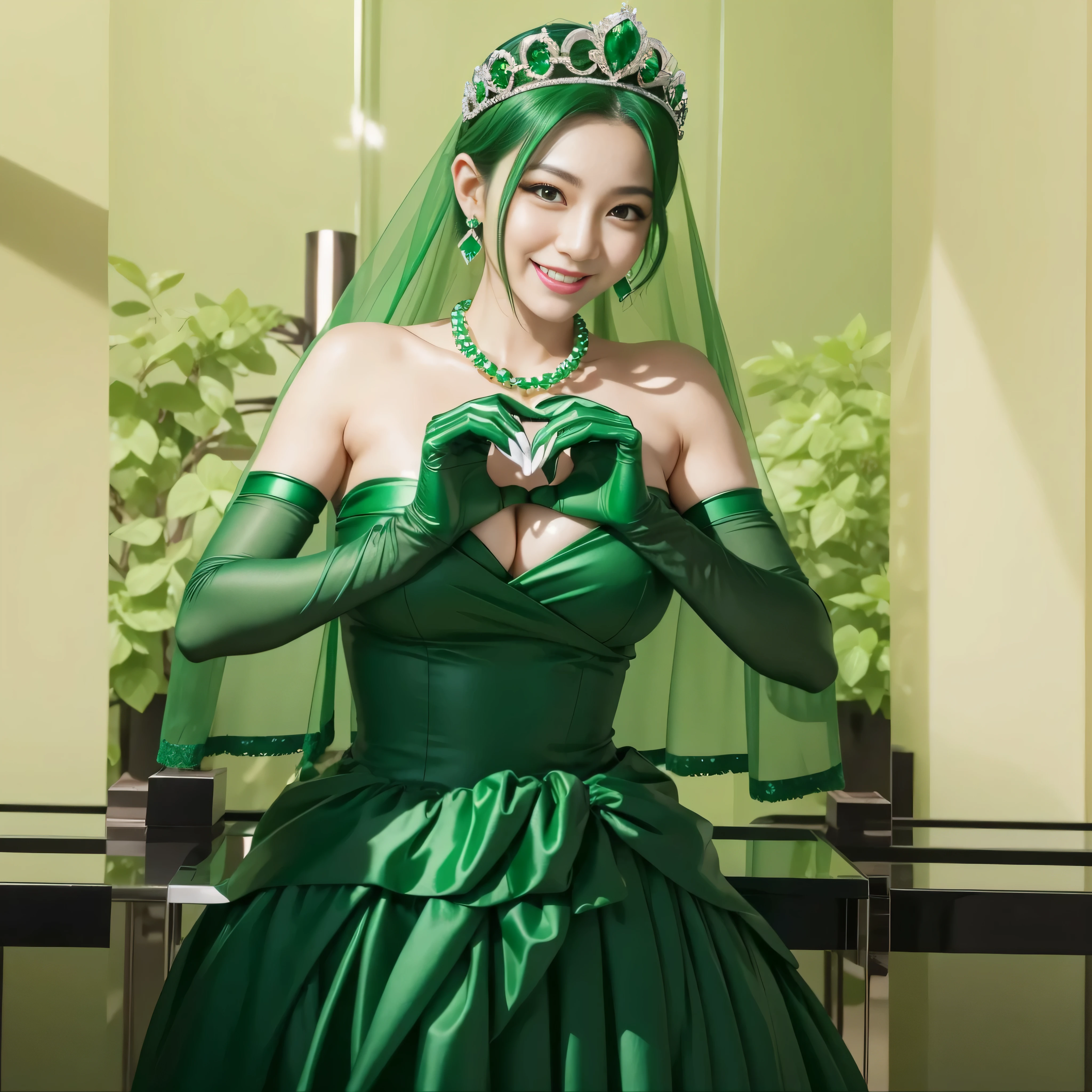 emerald tiara, green pearl necklace, ボーイッシュな非常に短いgreen hair, lipstick, smiling Japanese woman, very short hair, Beauty with large breasts, green eyes, Long Green Satin Gloves, green eyes, emerald earrings, green veil, heart with both hands, green hair, Beautiful Japan woman in her 30s, heart shaped hand:1.3