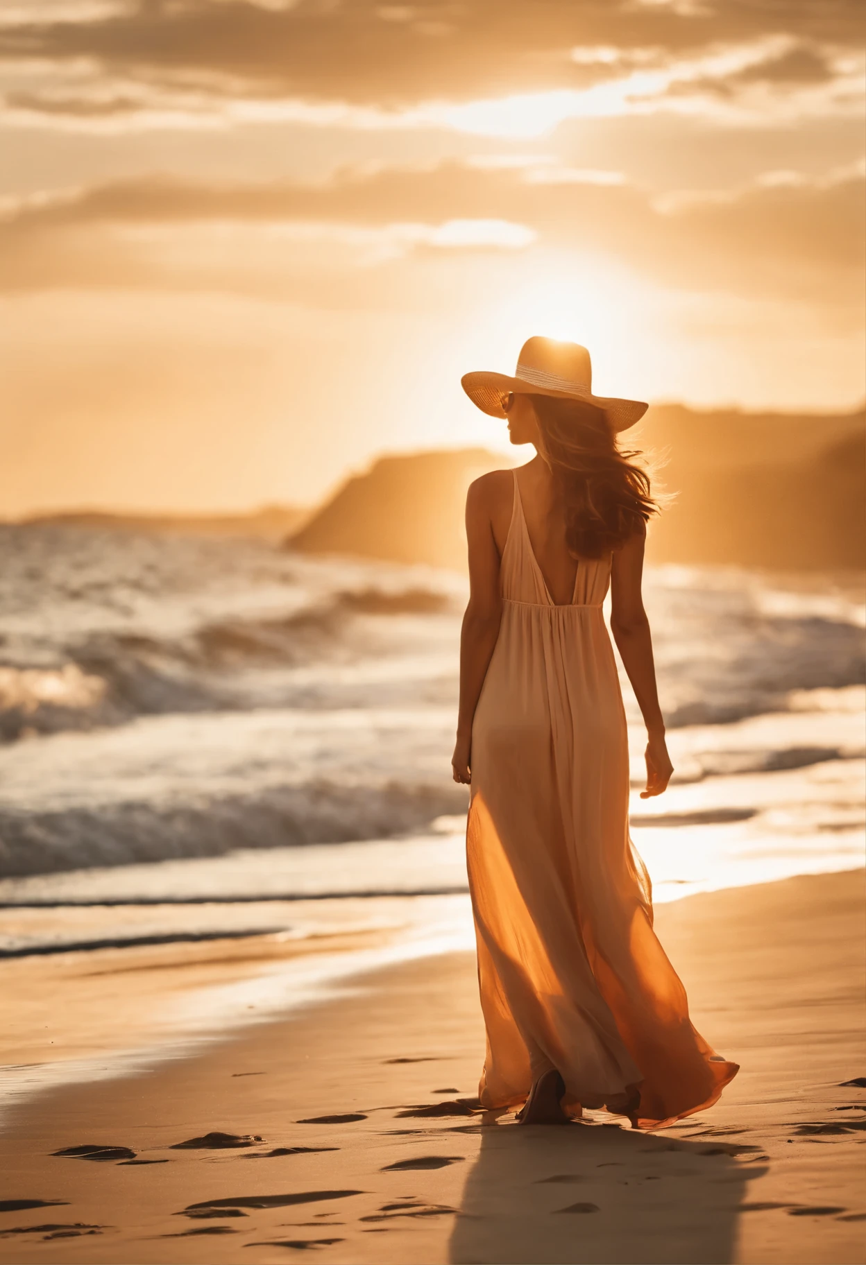 A photorealistic image of a tanned woman wearing a flowy maxi dress on a beach at sunset. She is wearing sunglasses and a floppy hat. Modern typography with the brand name "Sun Kissed" is displayed boldly across the image.