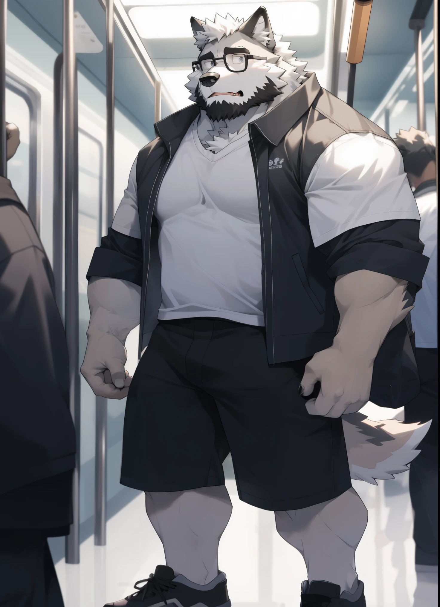 hairy,(Wolf,Black-rimmed glasses,White short sleeves,Gray long sleeve shirt jacket,rolled up sleeves,Casual shorts,white socks),beard,white fur,only,male,Common,full body picture, dynamic poses,On the subway,standing,shy expression,detailed background,极其lifelike阴影,masterpiece,Very detailed,lifelike