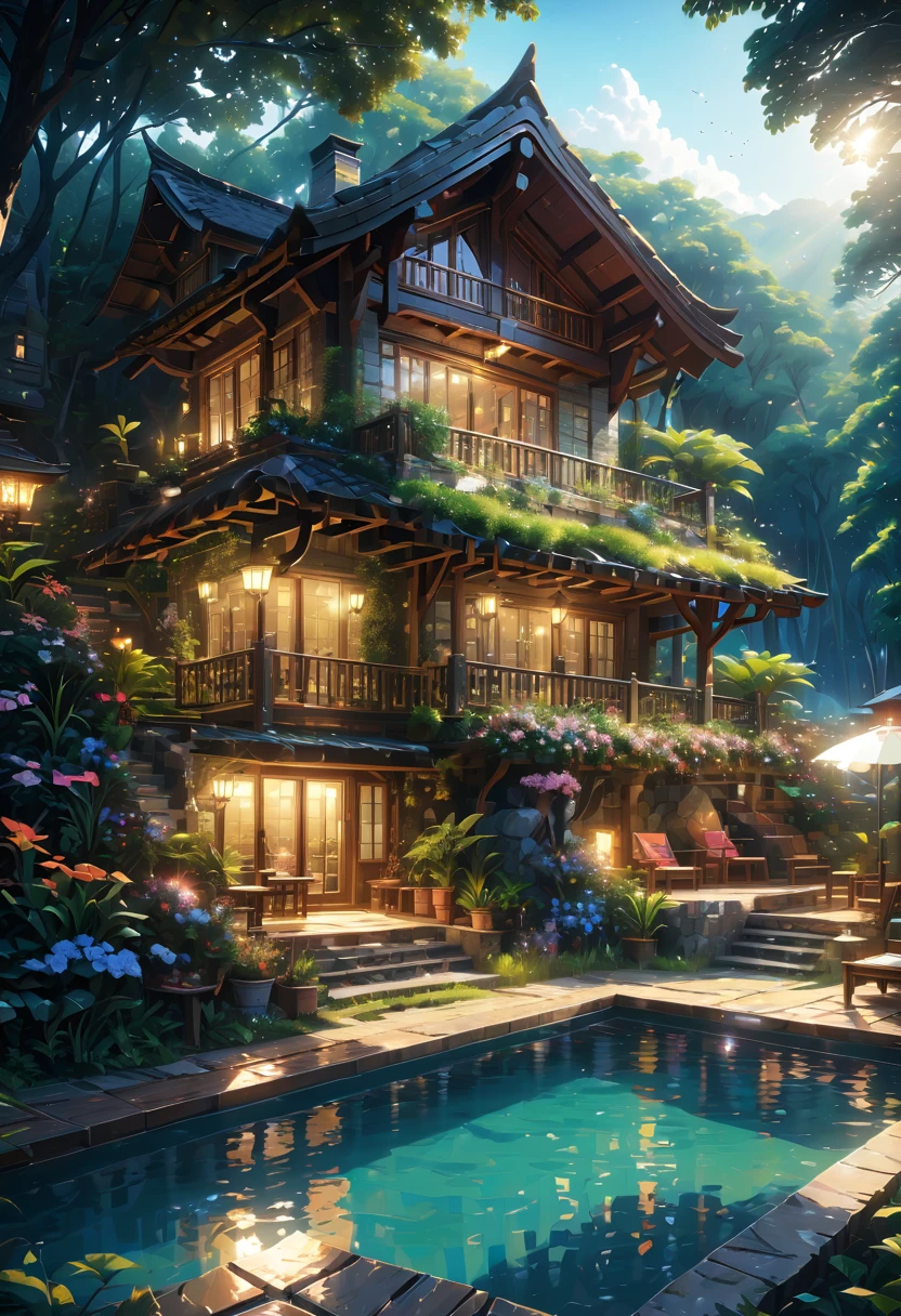 secluded residence.resort concept design.Resort/Resorts/resort.Closeup focus on high definition luxury resort.(best quality,4K,8k,high resolution,masterpiece:1.2),Super detailed,(actual,photoactual,photo-actual:1.37)It's a hidden and unique place,As if hidden in the embrace of nature。Located at the foot of the mountain、Deep in the forest or next to a lake,Isolated from the busy city and the hustle and bustle of the world。Surrounded by natural landscape,such as dense trees、Verdant meadows、Stretching mountains or sparkling lakes。People who live here can wake up in the morning to the sound of birdsong,Admire the twinkling stars at night。This place probably has a garden too,Planted with various flowers and plants,Exudes charming fragrance.Enjoy a life that is one with nature,Soak up the peace and tranquility.Reconnect with nature,Find inner peace and balance。It’s a very relaxing resort.