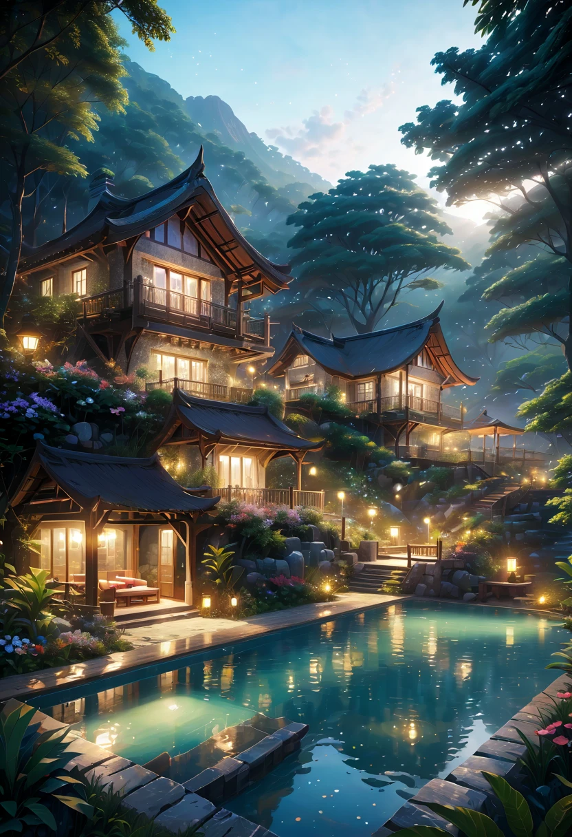 secluded residence.resort concept design.Resort/Resorts/resort.Closeup focus on high definition luxury resort.(best quality,4K,8k,high resolution,masterpiece:1.2),Super detailed,(actual,photoactual,photo-actual:1.37)It's a hidden and unique place,As if hidden in the embrace of nature。Located at the foot of the mountain、Deep in the forest or next to a lake,Isolated from the busy city and the hustle and bustle of the world。Surrounded by natural landscape,such as dense trees、Verdant meadows、Stretching mountains or sparkling lakes。People who live here can wake up in the morning to the sound of birdsong,Admire the twinkling stars at night。This place probably has a garden too,Planted with various flowers and plants,Exudes charming fragrance.Enjoy a life that is one with nature,Soak up the peace and tranquility.Reconnect with nature,Find inner peace and balance。It’s a very relaxing resort.