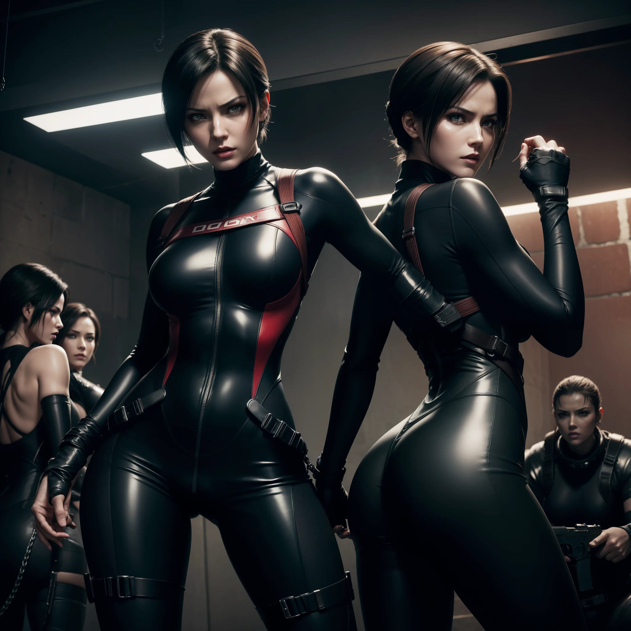 sexy Ada Wong and Jill Valentine from Resident Evil, surrounded by zombies, looking into the camera with fear on her face, looking at the viewer with surprise and anger, angry face expression, full body shot, shot from head to toes, shot from behind, she is wearing sexy tight battle wetsuit with corsait, high overknee boots and high heels, pistol tight holster, wearing a vivid lipstick and makeup, her hands are crossed behind her backs, hands covered with chains, bondage, shibari, hands handcuffed, hands tied up, ((detailed skin texture)), ((high detail face)), seductive pose, full body shot, (realistic photo), (best quality), (detailed), HDR, (8k), (wallpaper), (cinematic lighting), (dramatic lighting), (sharp focus), (intricate), RAW photo, posing for camera, 8k uhd, high quality, film grain, by Craig Morey, from behind