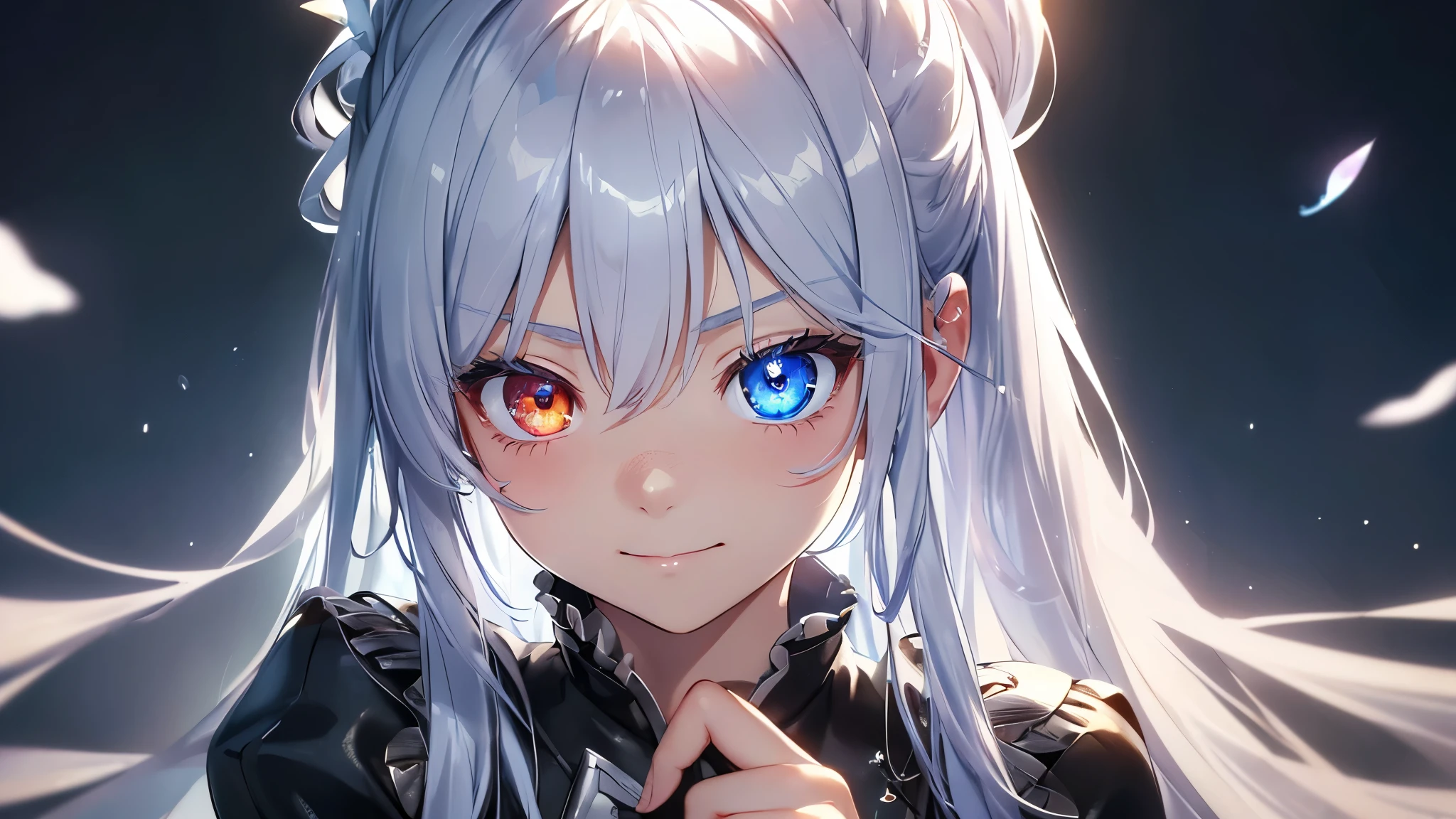 highest quality、photorealistic、super detail、delicate、orderly、high detail、bluish silver ponytail、(droopy iris of heterochromia,glowing eyes:1.4)、、、embarrassing、smile、slender、cowboy shot、1 girl,(Mr.々A beautiful girl in a worldview:1.5),(delicateな背景、ambient occlusion、ambient light、raytraced reflections、glow、shining hair:1.2)