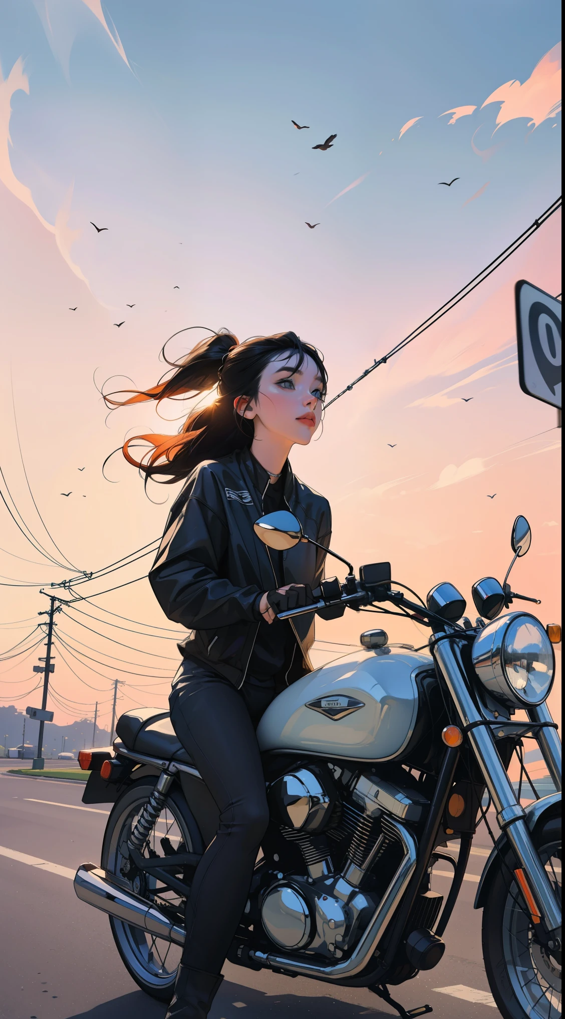 A women on a motorcycle, sunset, light leaks, ambient, bold hues,