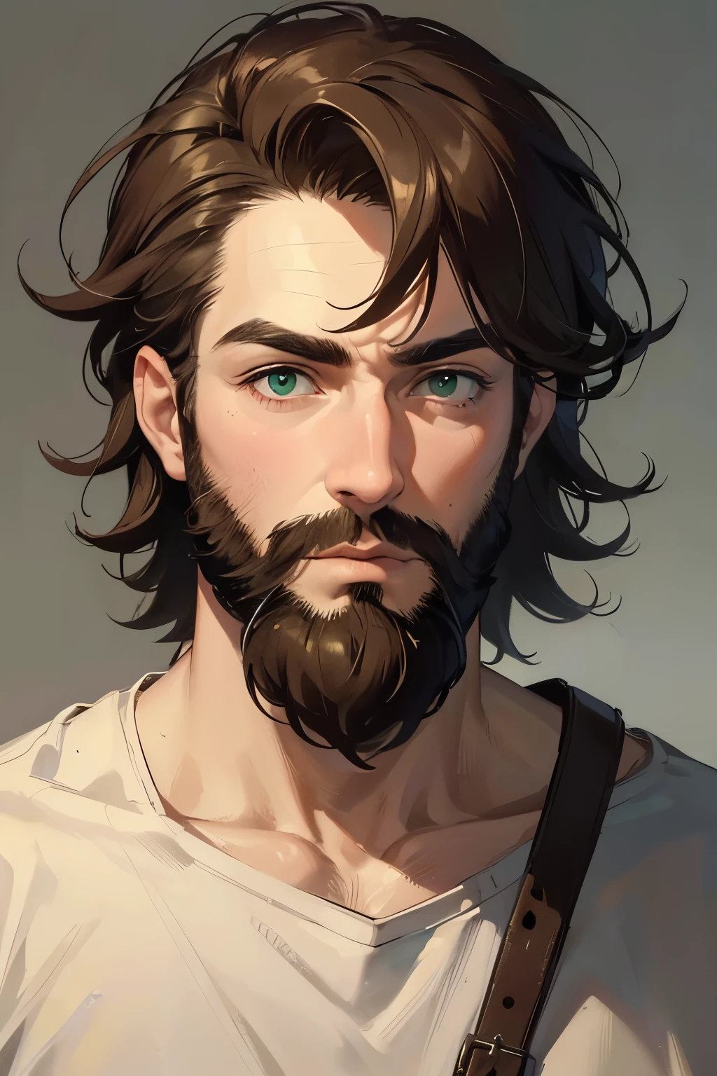 ((best quality)), ((masterpiece)), (detailed), perfect face, male, man, cock, boy, middle-aged man, beard, sharp chin, green eyes, narrow eyes, brown hair, thick eyebrows, messy hair, pale skin, nervous expression