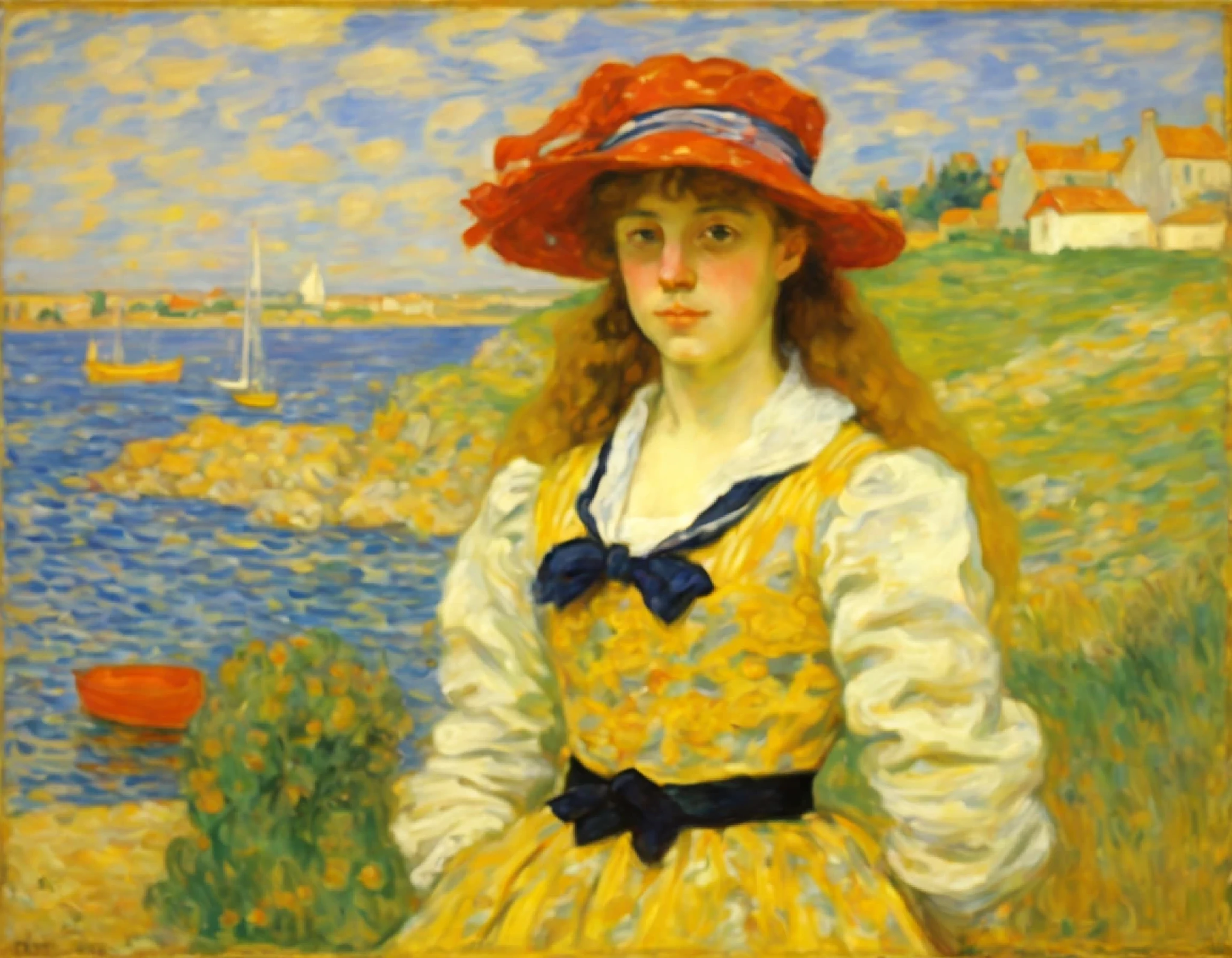 [[full-length view: young attractive sailor  girl ((style by Pierre Bonnard))]/[background: (amazing Renaissance landscape based on Pieter Brueghel the Elder) (masterpiece)]oil painting, extreme detail, intricate, unusual, ((best quality))]