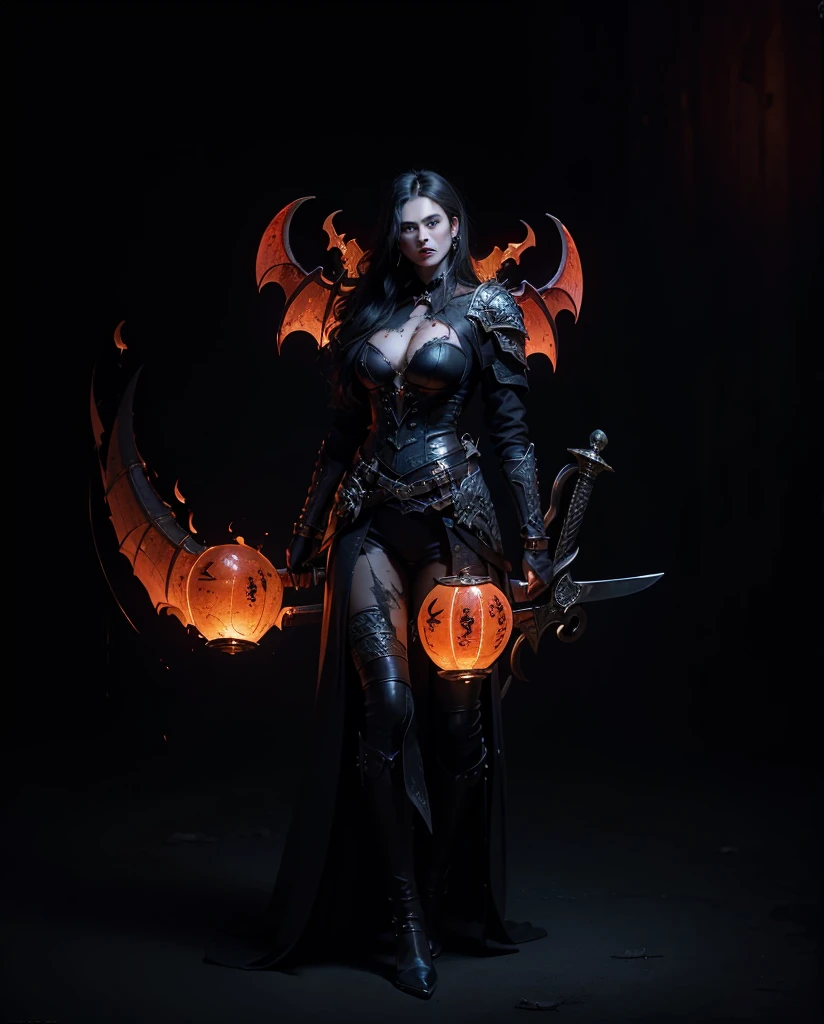 (Numerous award-winning masterpieces, with incredible detail, textures and maximum detail), (hyper realistic:1.4), (Full length portrait:1.8), (realistic:1.3), female bloodelf demonhunter, world of warcraft, (best quality real texture skin), (Aesthetic and decadent image: 1.7), ((five perfect and beautiful fingers)), (Pale but beautiful face:1.5), (finely detailed true circle eyes), (finely Detailed and beautiful face:1.5), (Large breast) , (Two thick, long, sharp canine teeth protruding from the lips:1.6), (Full length portrait:1.8), (Sexy red and black leather armor with clevage: 1.5), (Grasping the hilt of an elaborately decorated black long sword that glows with an evil light:1.7), (The armor is scarred but delicately decorated:1.7), ((Wandering Vampire Female Swordsman)), ((only have two arms)), ((knight in black)), (Gripping the hilt of an elaborately decorated black long sword that glows with a monstrous light:1.7), (Full length portrait:1.8), (Delicately decorated Costume), (Anatomically correct limbs and physique:1.4), ((medieval world)), ((dramatic photo)), ((dynamic photo)), ((cinematic light)), (looks up), (looking down), (dramatic pose), Wind Effects and Offensive Spells, (beautiful white hair), beautiful silver hair, beautiful blonde hair ,black web robe, (Fearless and formidable Female vampire warrior:1.6), (Drifting Haze: 1.3), Old ruins infested with plants, Ruins of an old castle, dungeon, Abandoned mine, Deserted ruins, ((night, twilight, sunset, dusk)), Battlefield, detailed armor, epic realistic, ((neutral colors)), (hdr:1.5), (muted colors:1.2), hyper detailed, cinematic, warm lights, dramatic light, (intricate details:1.1), complex background.