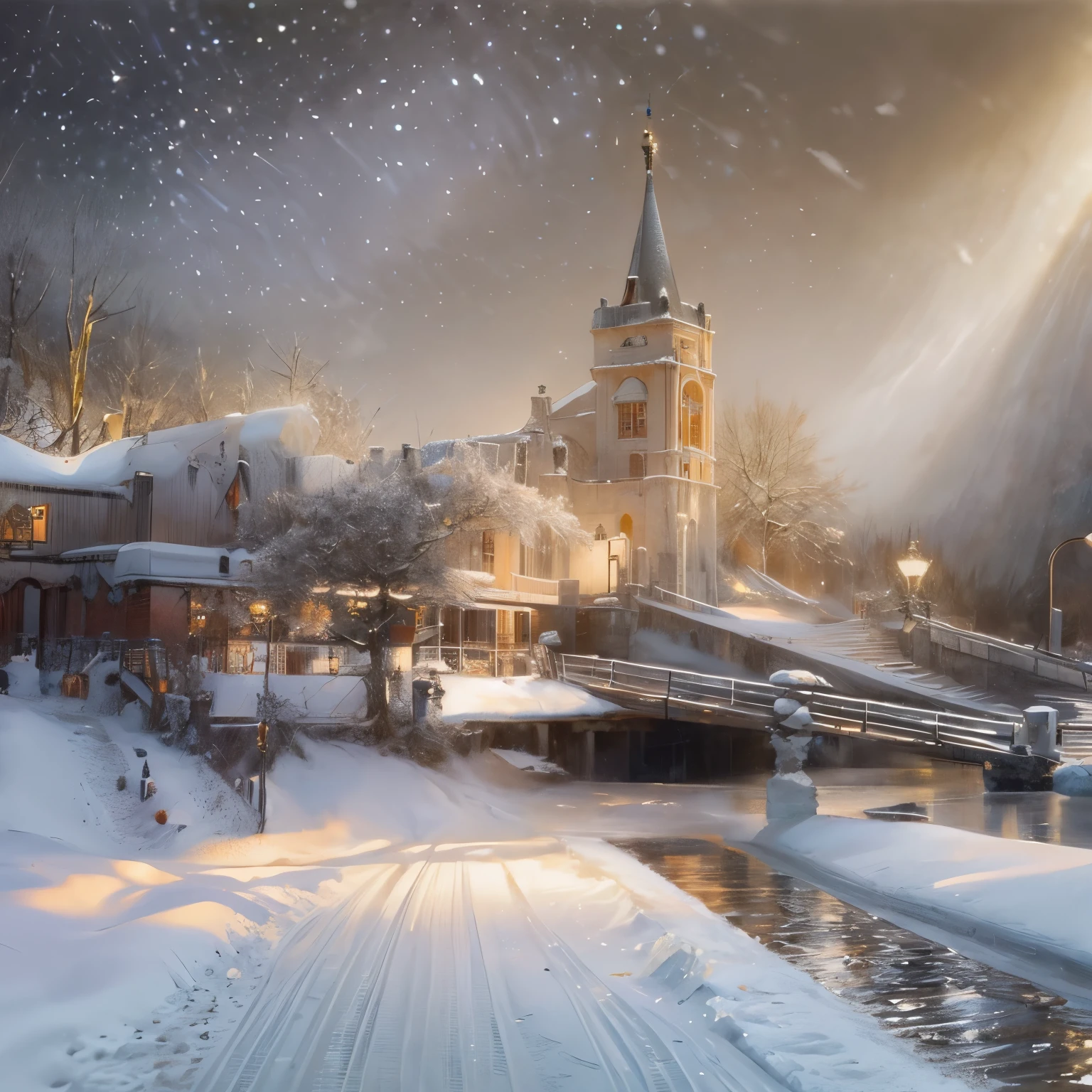 (Best quality,4K,8K,A high resolution,Masterpiece:1.2),Ultra-detailed,(Realistic,Photorealistic,photo-realistic:1.37),Winter theme,landscape,Refreshing and cool color,soft and warm lighting,Icy atmosphere,golden rays of sunlight,Icy reflections,Snow-covered mountains,Sparkling snowflakes,Evergreen tree,Melting icicles,Tranquil lake,Peaceful silence,Gentle breeze,A touch of magic,Nostalgia,Artistic brushstrokes,subtle texture,Fine details,Detailed foreground elements,Sublime horizons,Prominent perspectives,Vibrant brushstrokes,Layered composition,Vivid winter tones,Carefully crafted balances,A sense of dramatic depth,Tranquil winter scene,Ethereal beauty,A classic winter wonderland,Vibrant winter fantasy,Skillful craftsmanship,Superb artistry,Fascinating winter stories,Superb use of light and shadow,Dreamlike atmosphere,Elegant movement in the wind,One with nature,An alluring sense of adventure,Majestic and intimate,Winter hugs,Instantly frozen in time,In the distance, there is a vague figure of a person's back