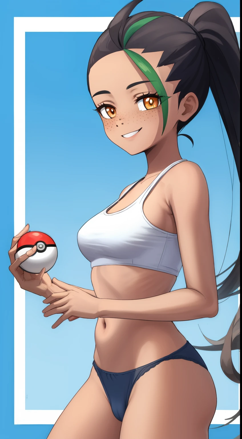 nemona \(pokemon\), tight panties and tight bra, cowboy shot, white border, outside border, smile, freckles, gradient background, holding pokeball, smile